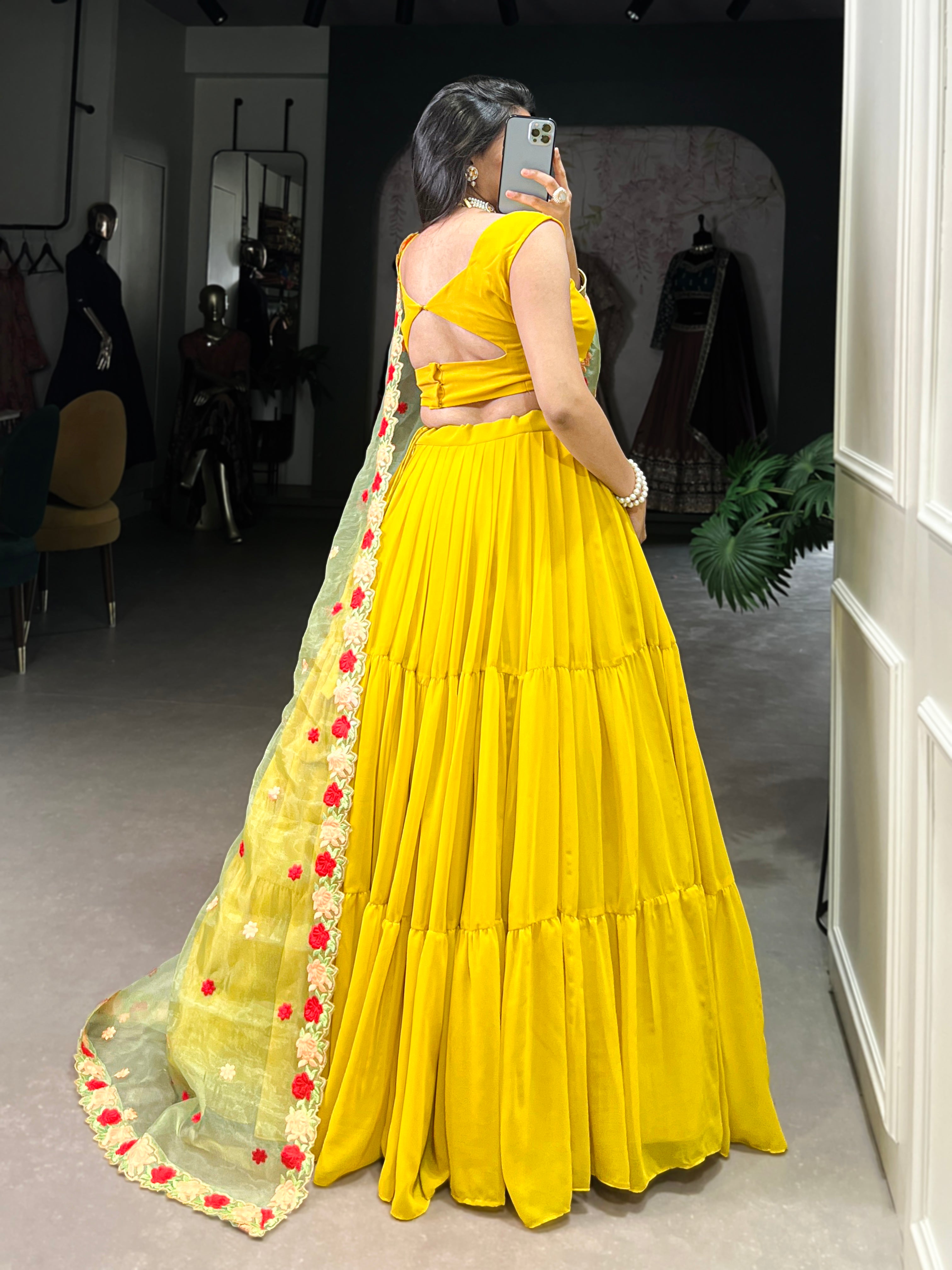 Vibrant Yellow Tiered Lehenga Choli with Floral Embroidered Dupatta