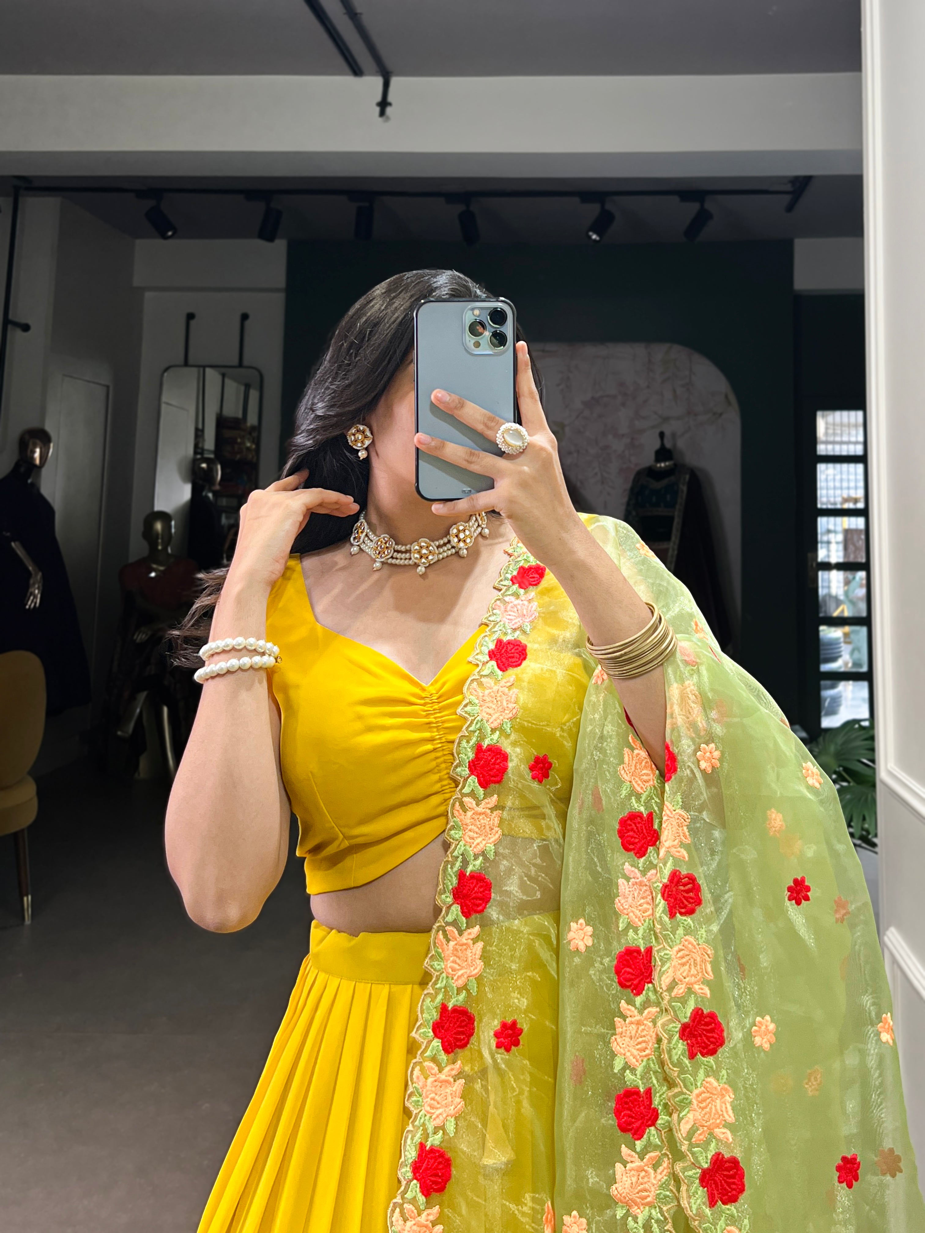 Vibrant Yellow Tiered Lehenga Choli with Floral Embroidered Dupatta