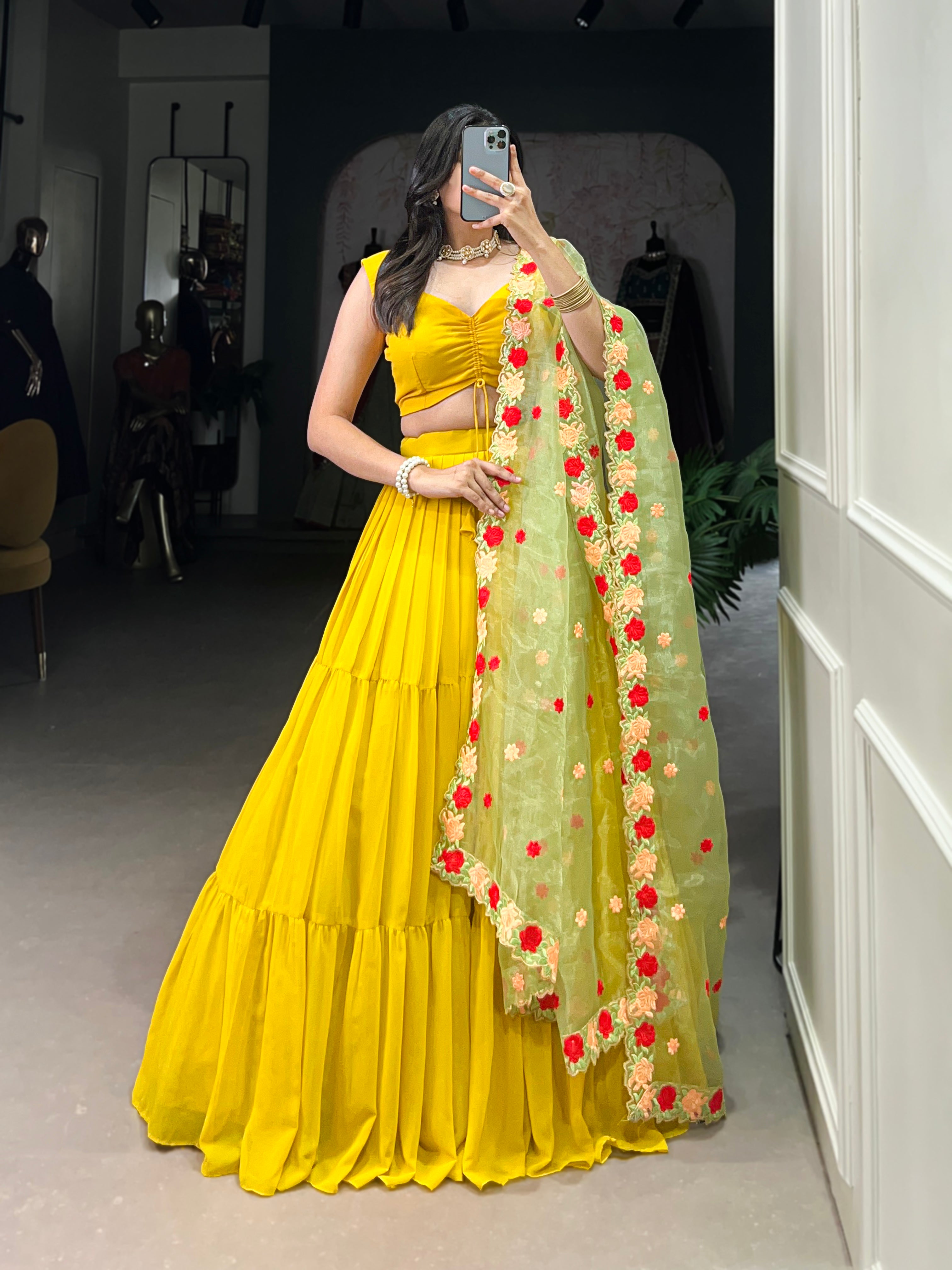 Vibrant Yellow Tiered Lehenga Choli with Floral Embroidered Dupatta