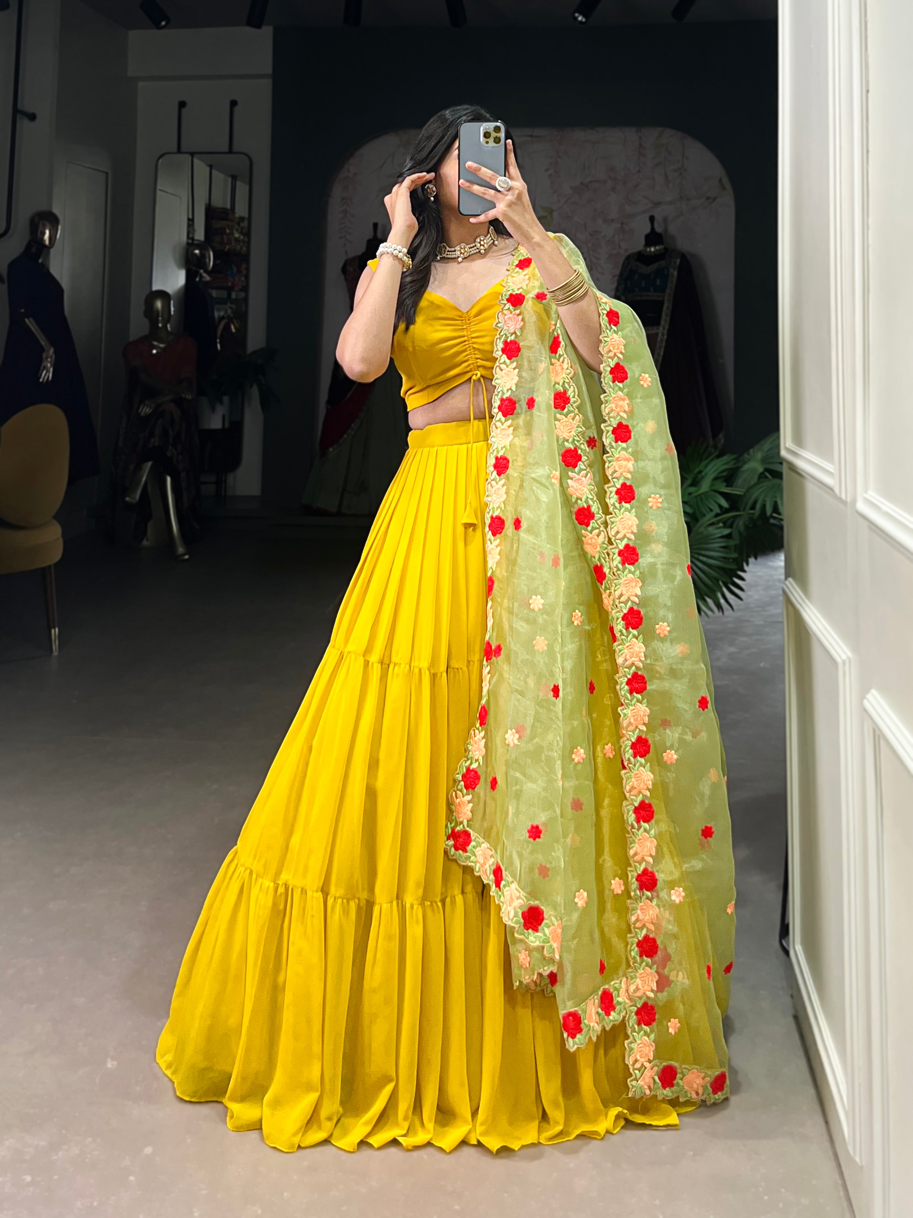Vibrant Yellow Tiered Lehenga Choli with Floral Embroidered Dupatta