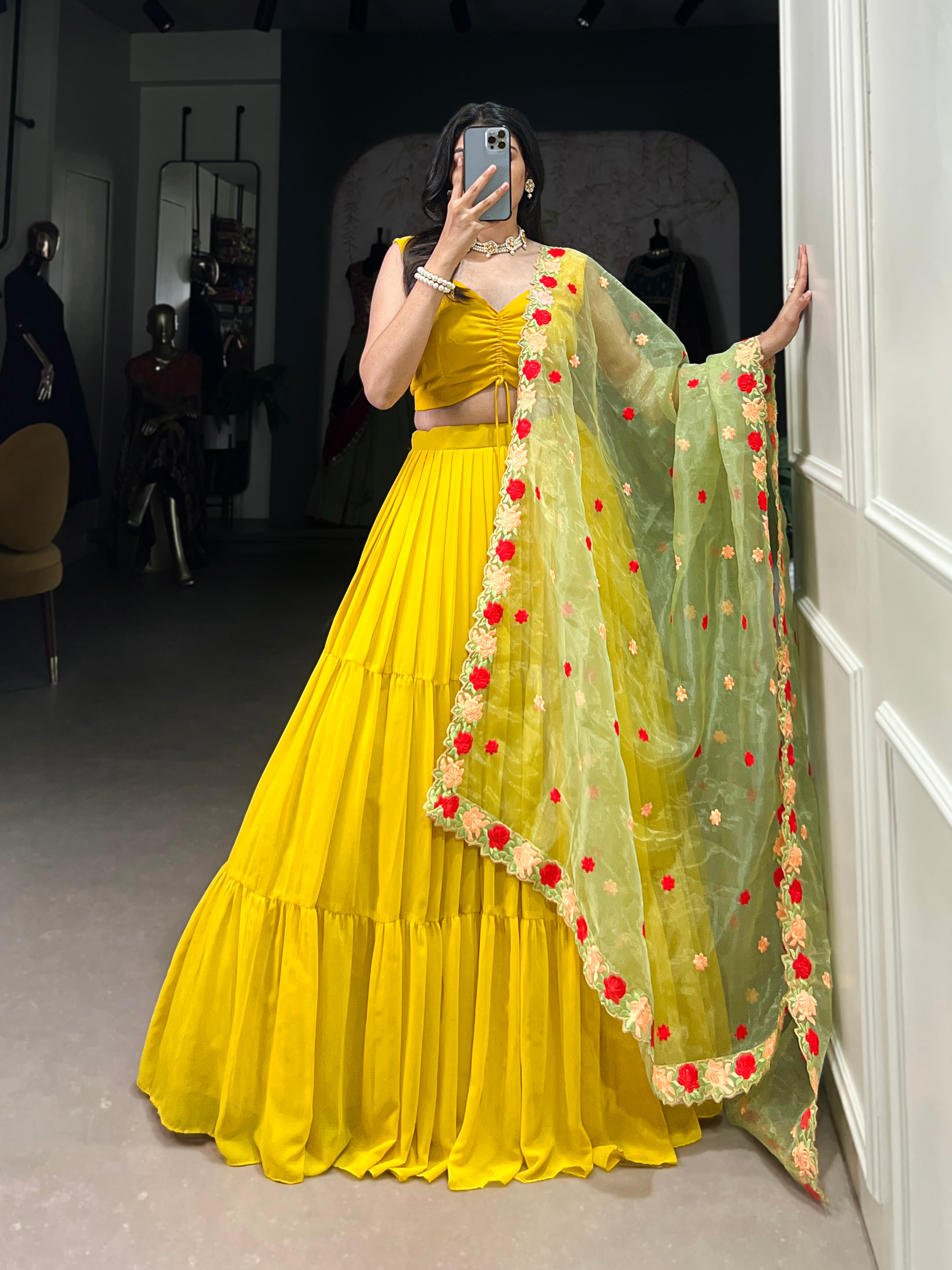 Vibrant Yellow Tiered Lehenga Choli with Floral Embroidered Dupatta