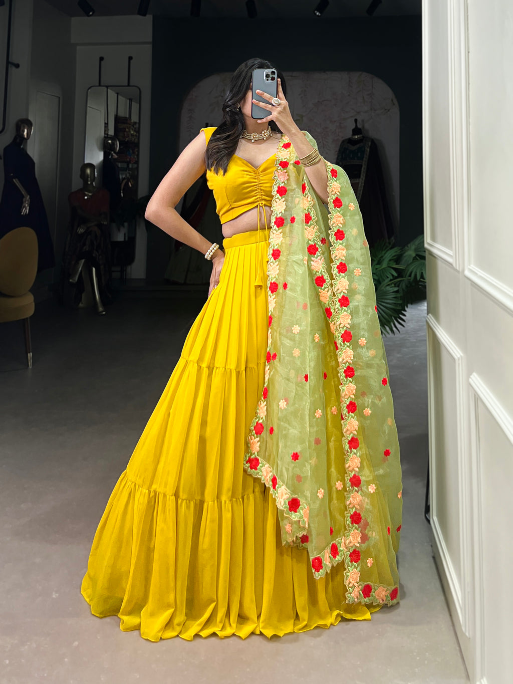 Vibrant Yellow Tiered Lehenga Choli with Floral Embroidered Dupatta