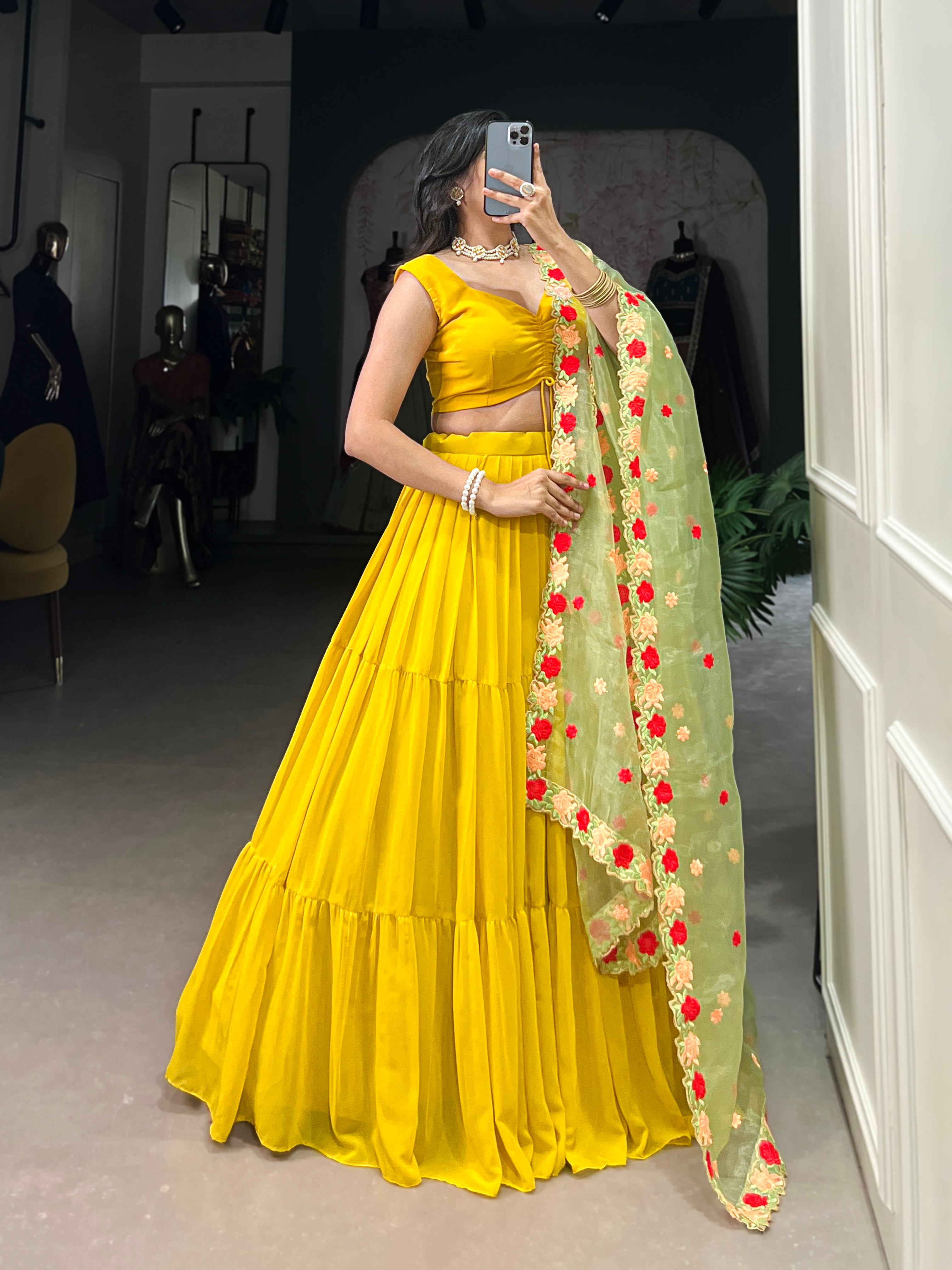 Vibrant Yellow Tiered Lehenga Choli with Floral Embroidered Dupatta