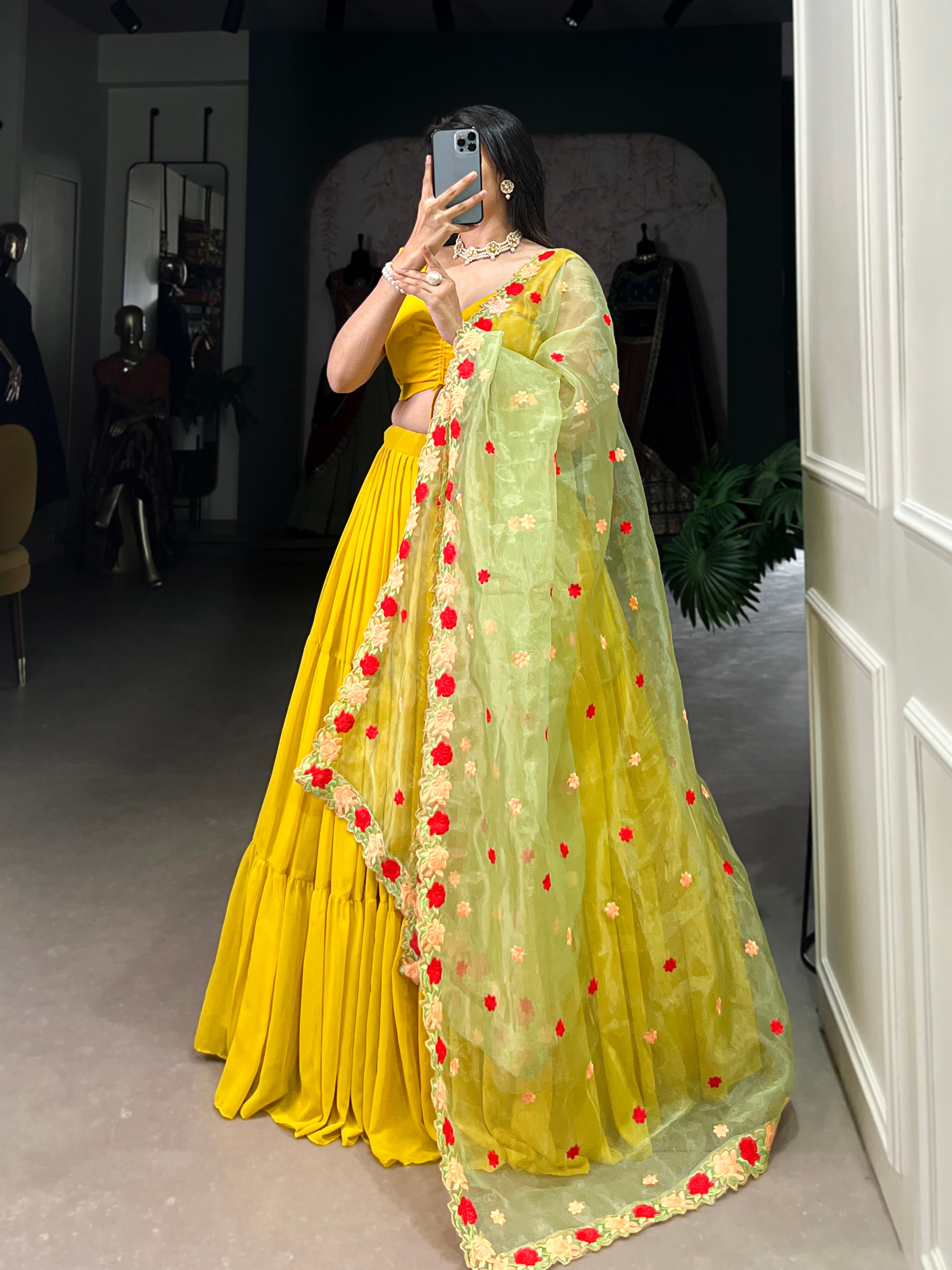 Vibrant Yellow Tiered Lehenga Choli with Floral Embroidered Dupatta