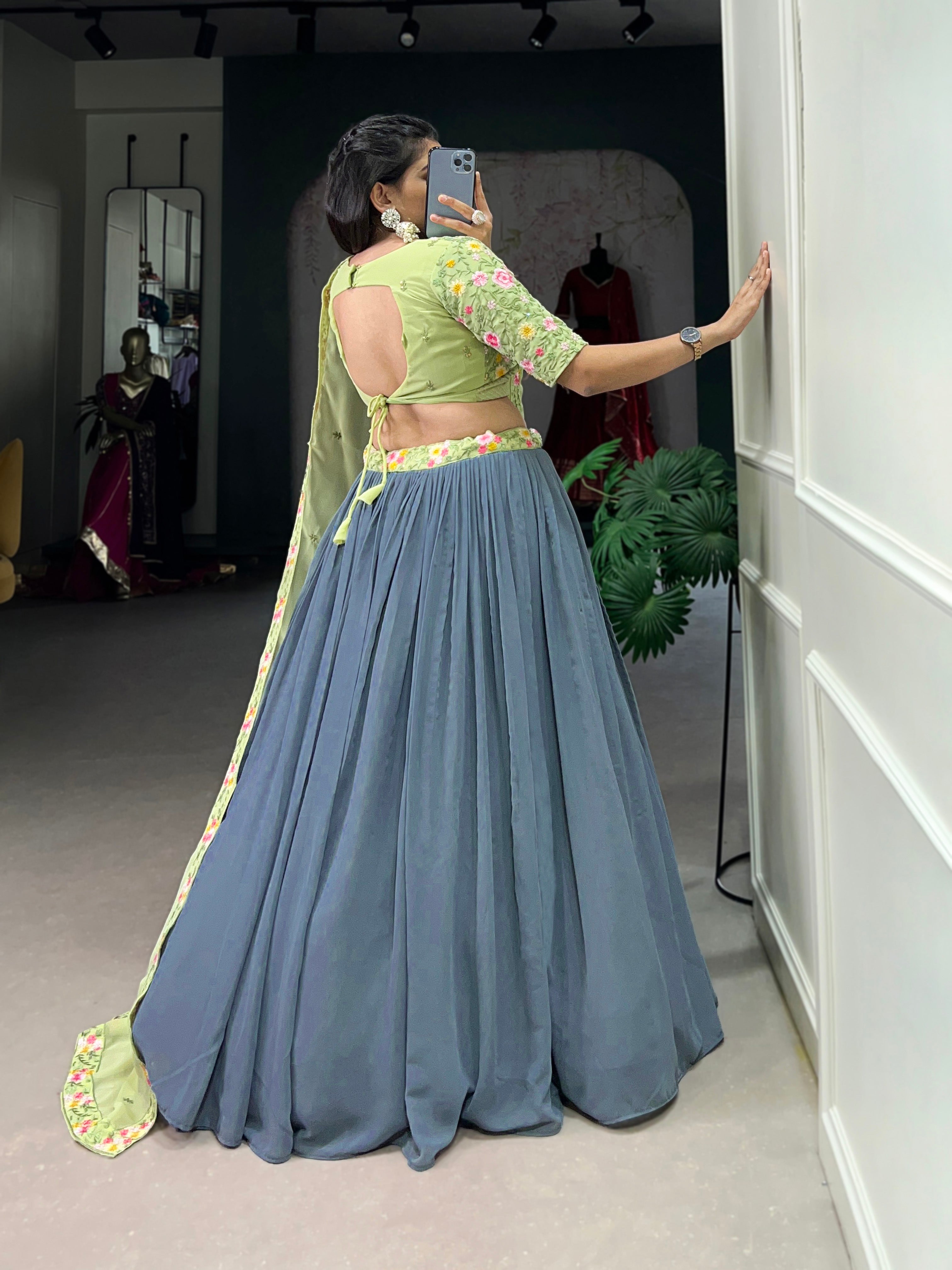 Elegant  paired with a Heavily Embroidered Lime Green Choli and Bordered Dupatta