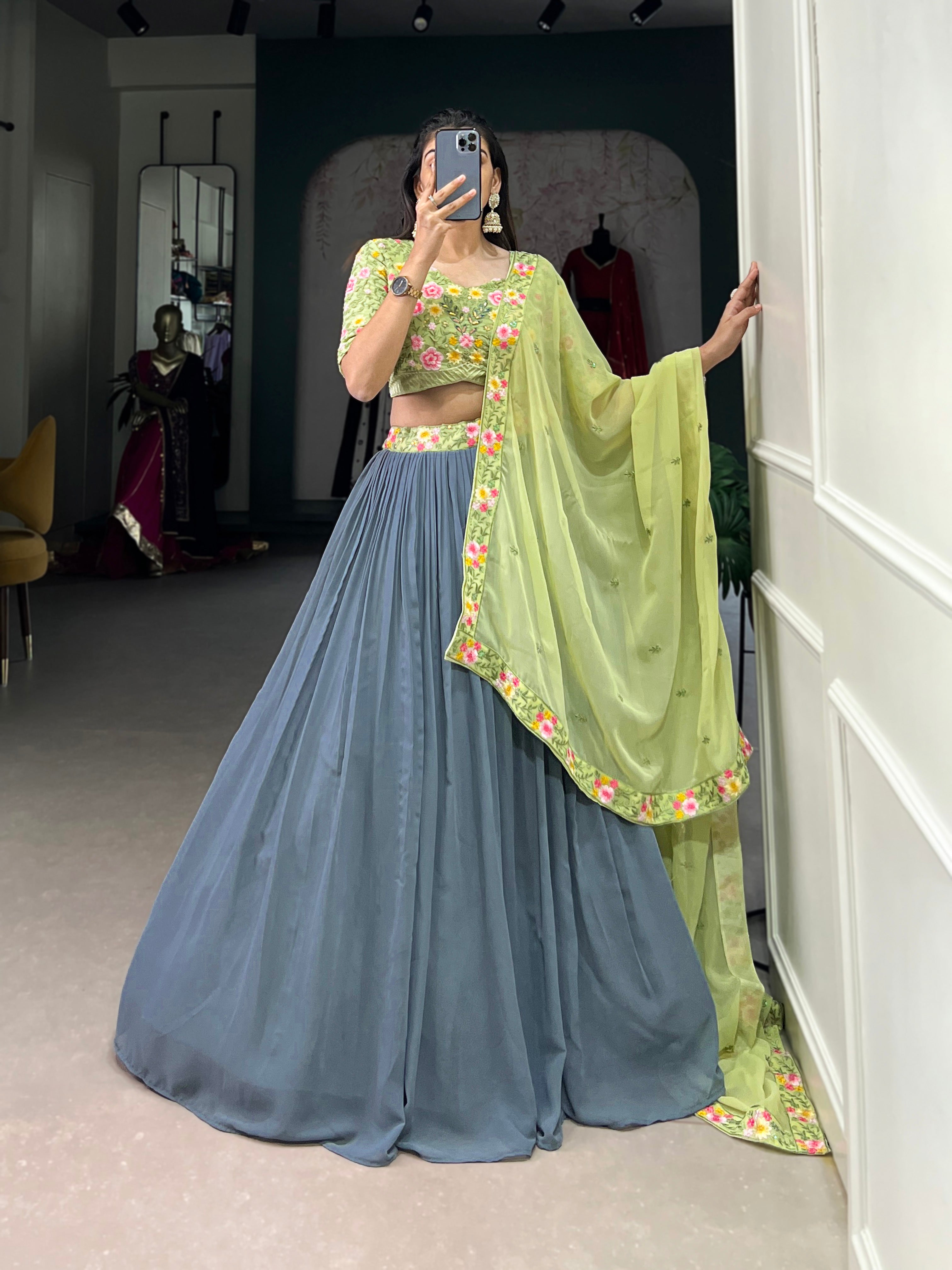 Elegant  paired with a Heavily Embroidered Lime Green Choli and Bordered Dupatta