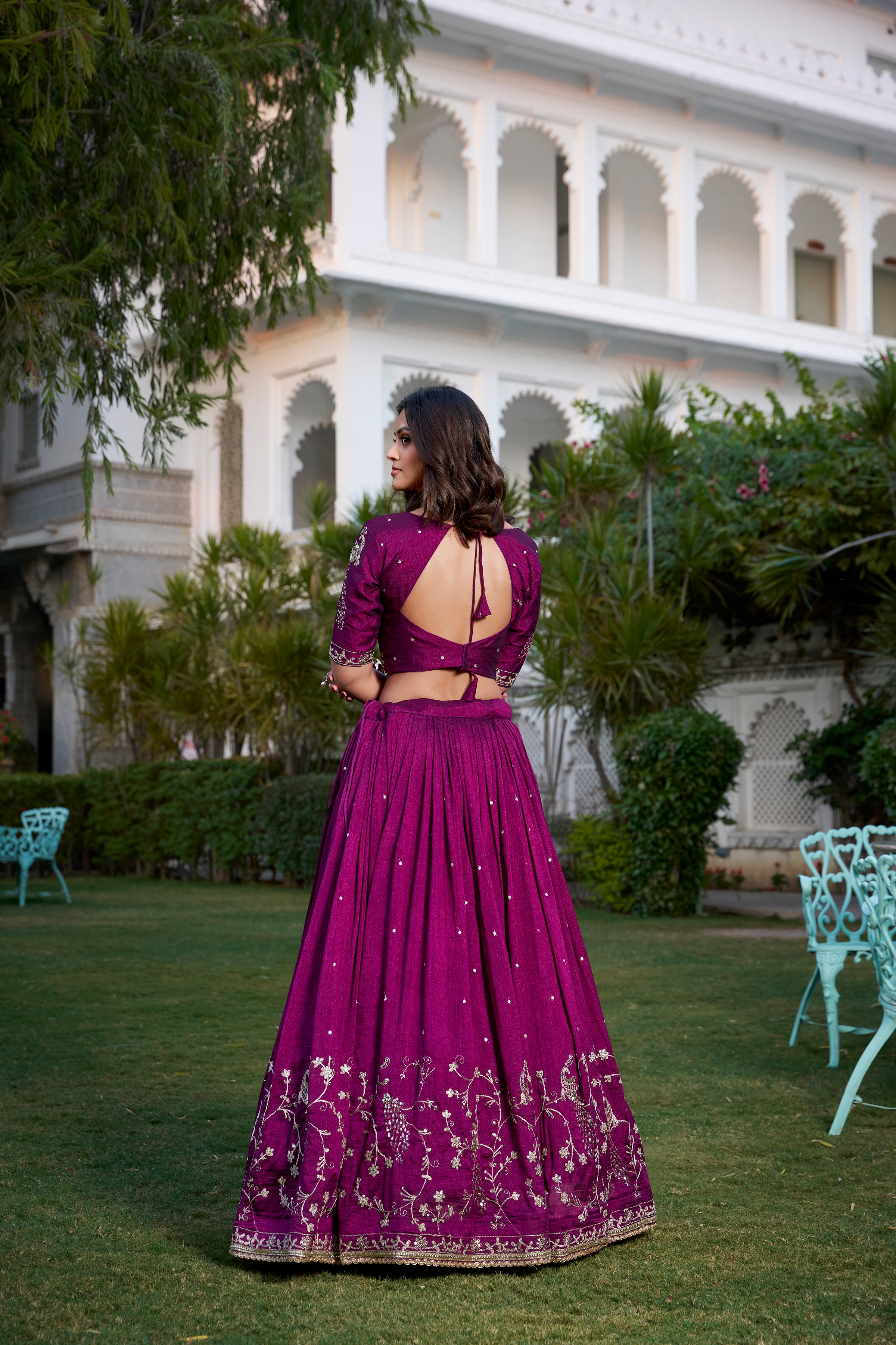 Rich Wine Crushed Lehenga Choli with Zari Embroidery