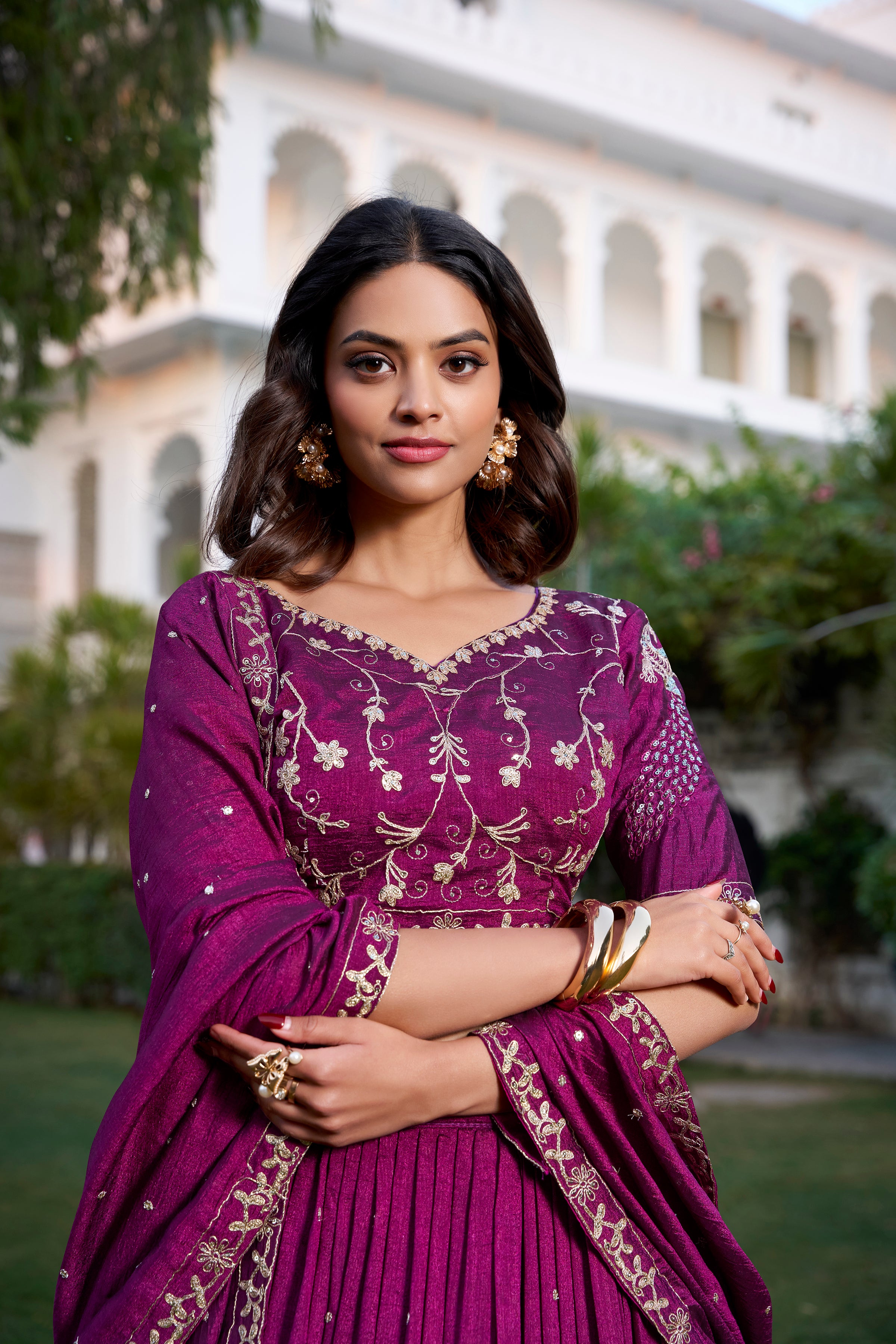 Rich Wine Crushed Lehenga Choli with Zari Embroidery