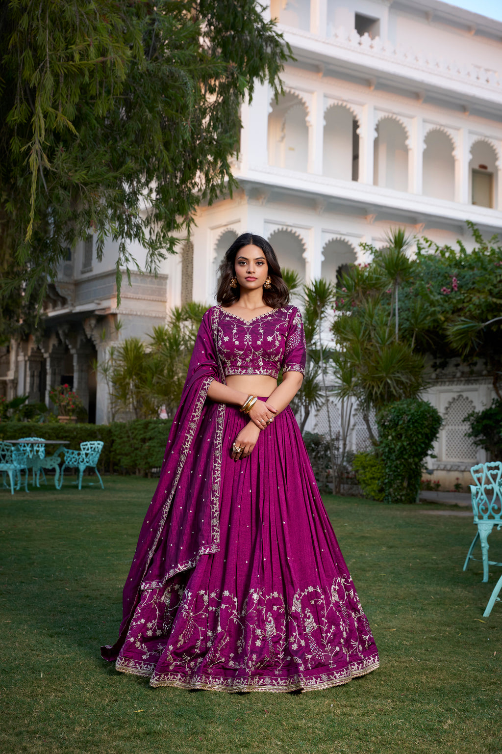 Rich Wine Crushed Lehenga Choli with Zari Embroidery