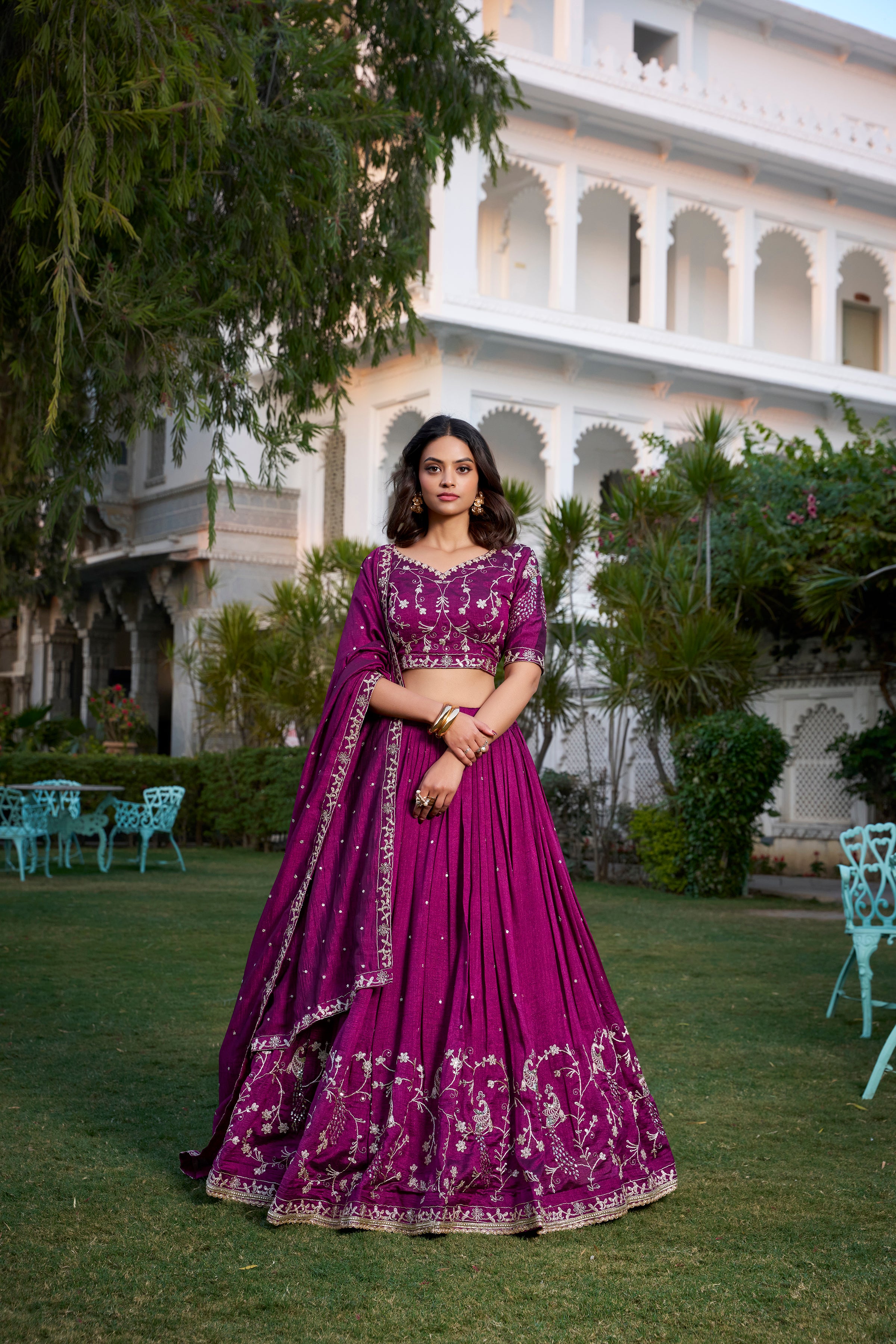 Rich Wine Crushed Lehenga Choli with Zari Embroidery