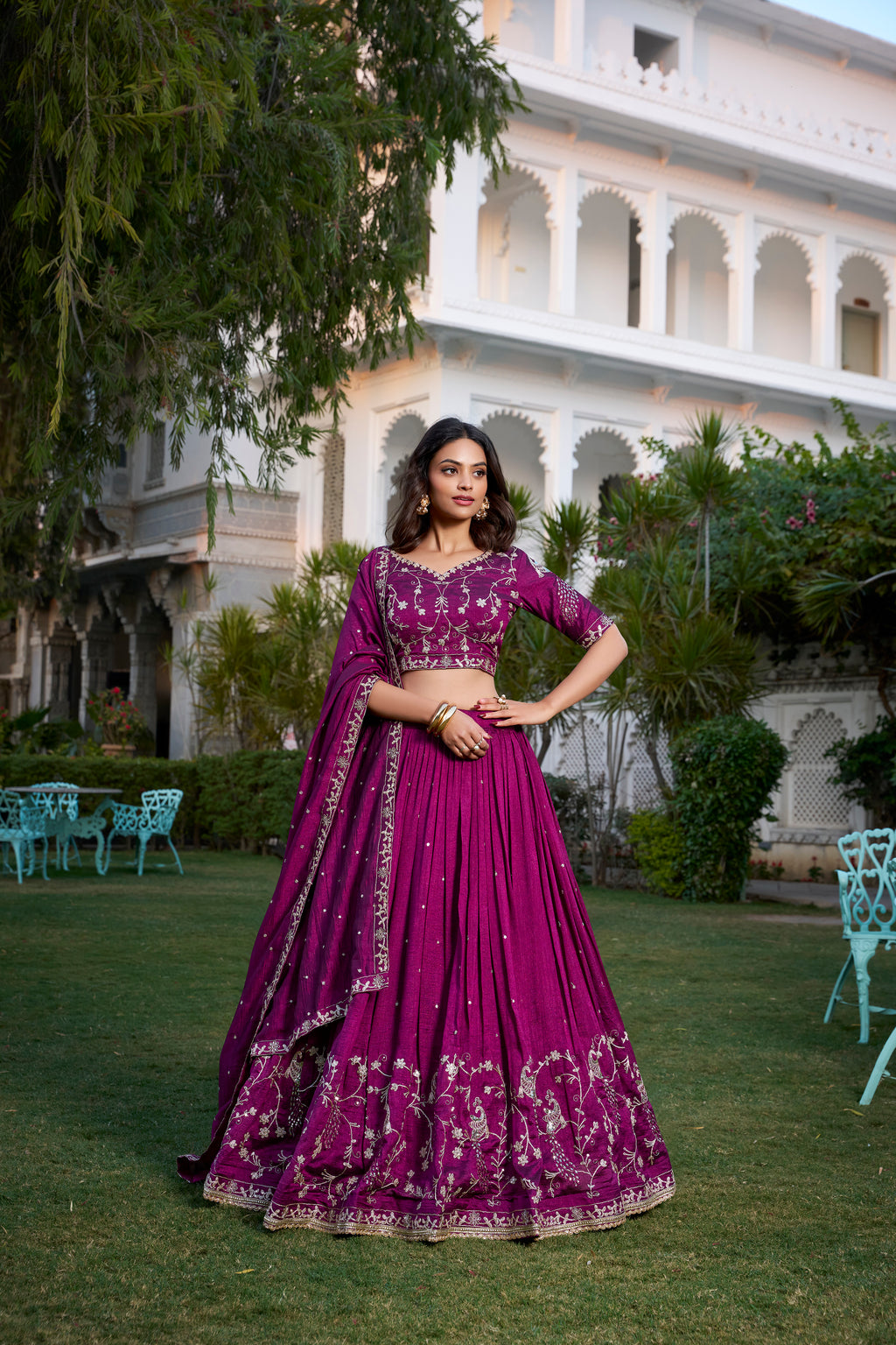 Rich Wine Crushed Lehenga Choli with Zari Embroidery