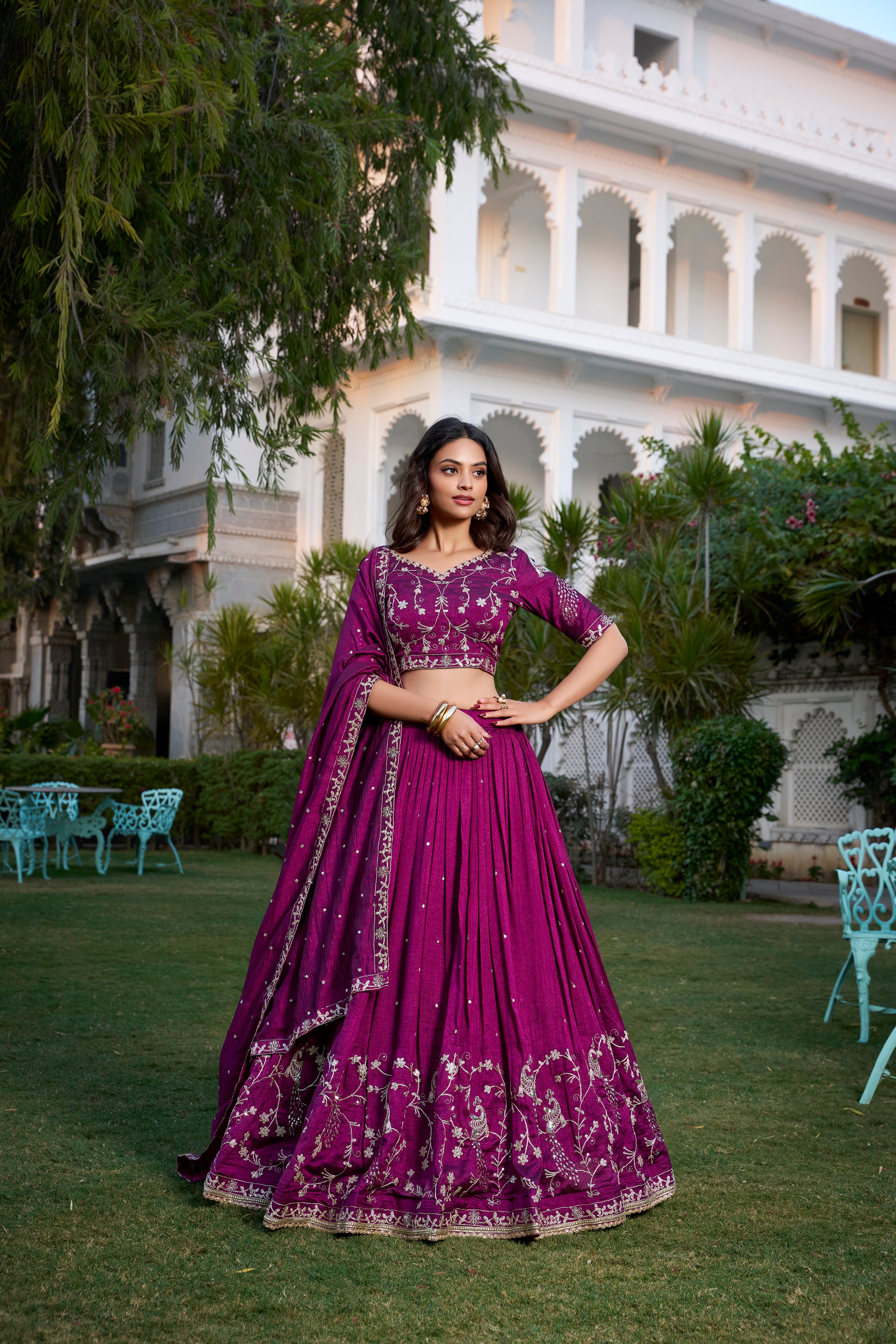 Rich Wine Crushed Lehenga Choli with Zari Embroidery