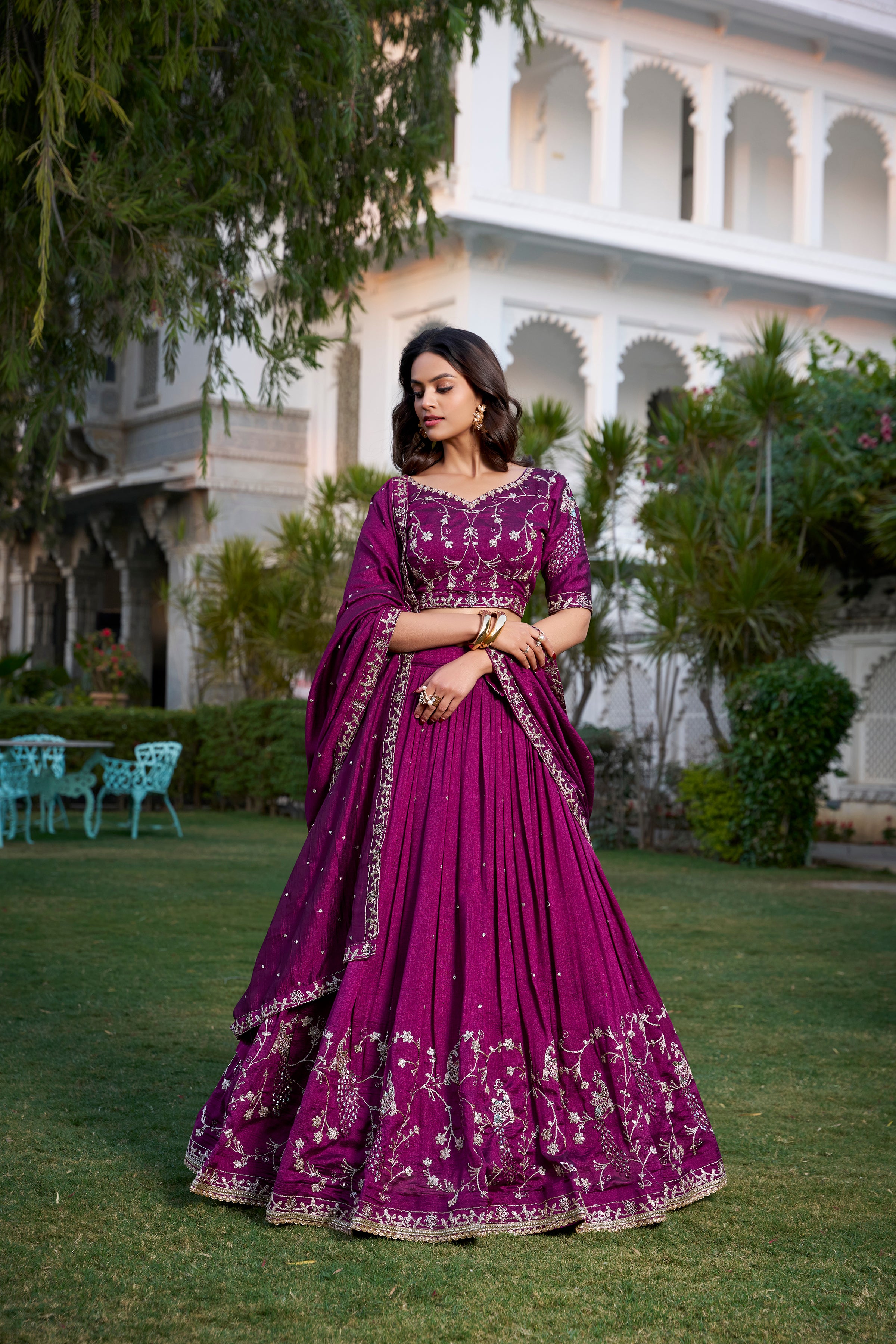 Rich Wine Crushed Lehenga Choli with Zari Embroidery