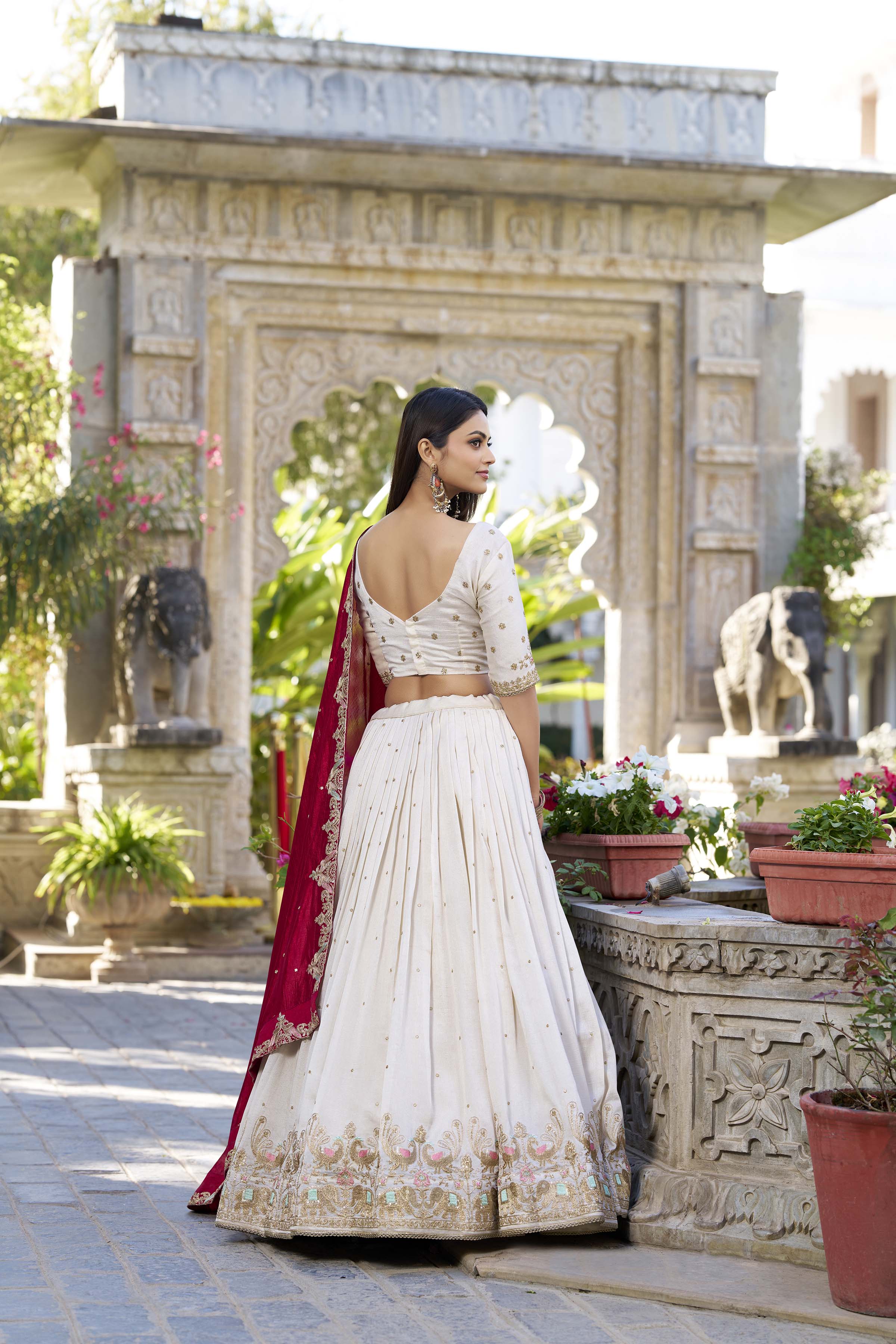 Regal Ivory and Crimson Red Embroidered Lehenga Choli