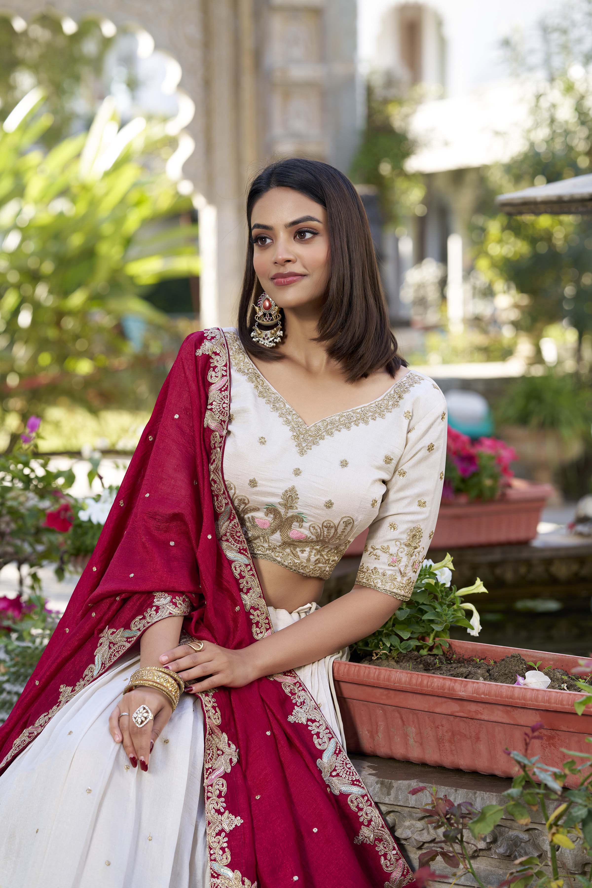 Regal Ivory and Crimson Red Embroidered Lehenga Choli