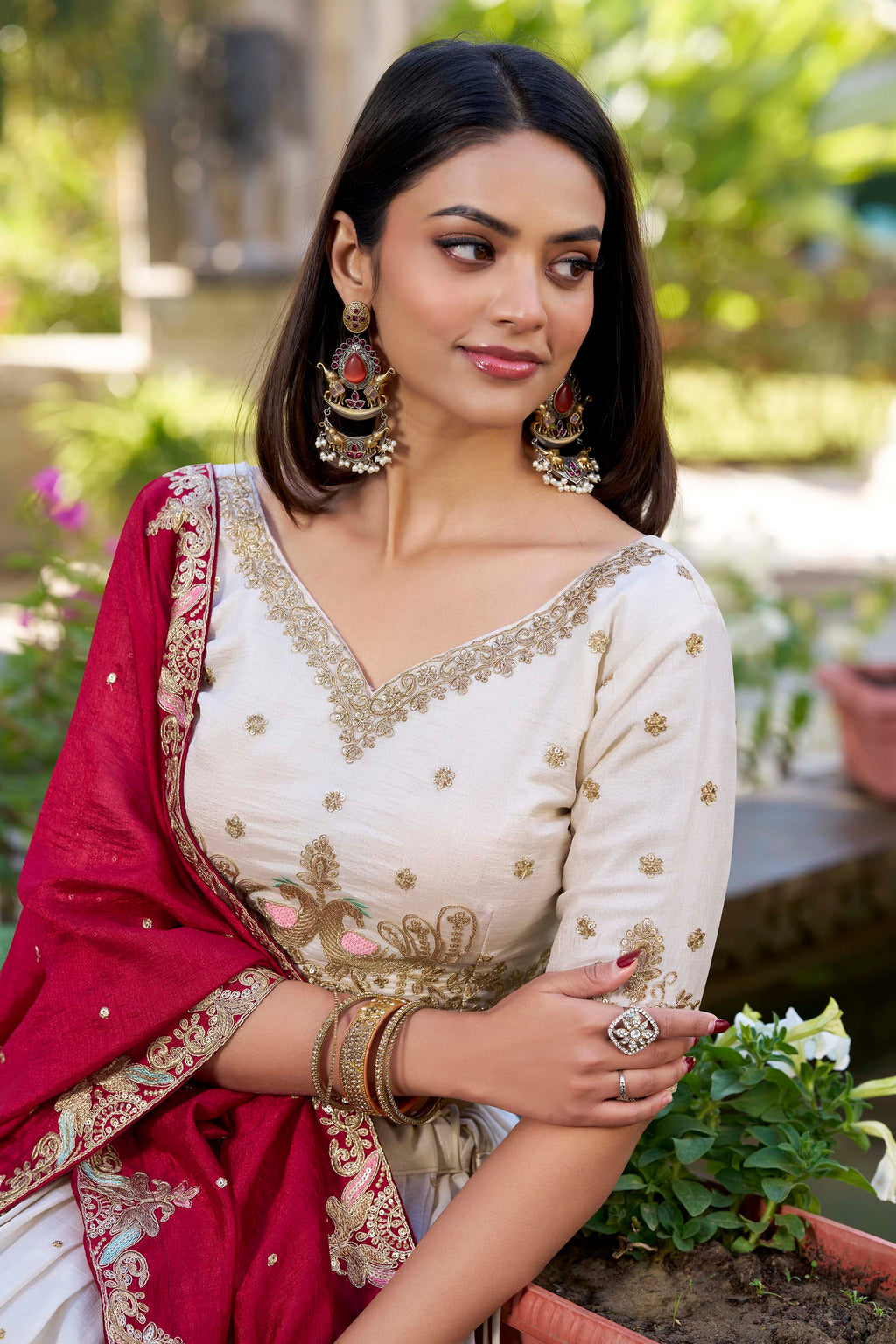 Regal Ivory and Crimson Red Embroidered Lehenga Choli