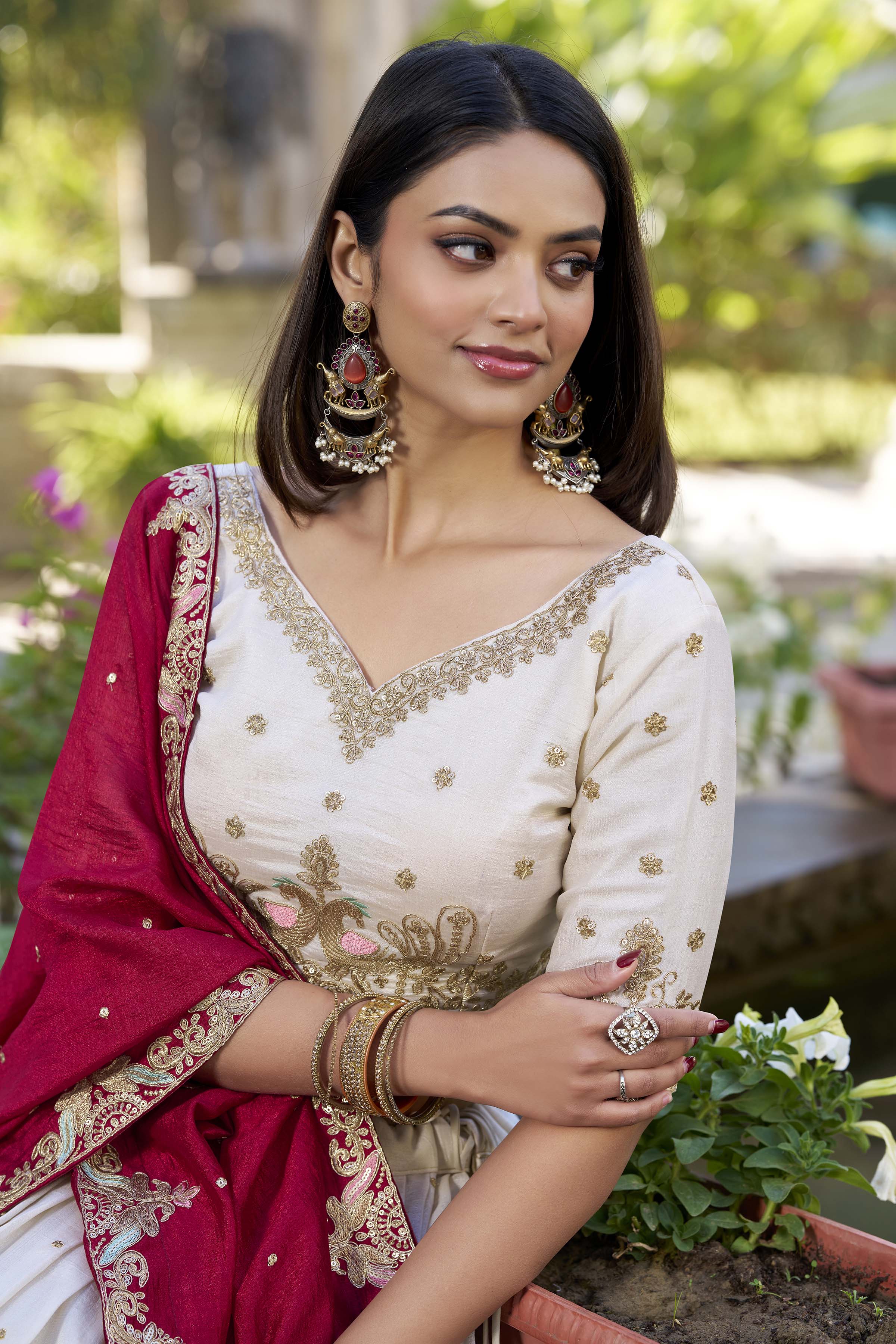 Regal Ivory and Crimson Red Embroidered Lehenga Choli