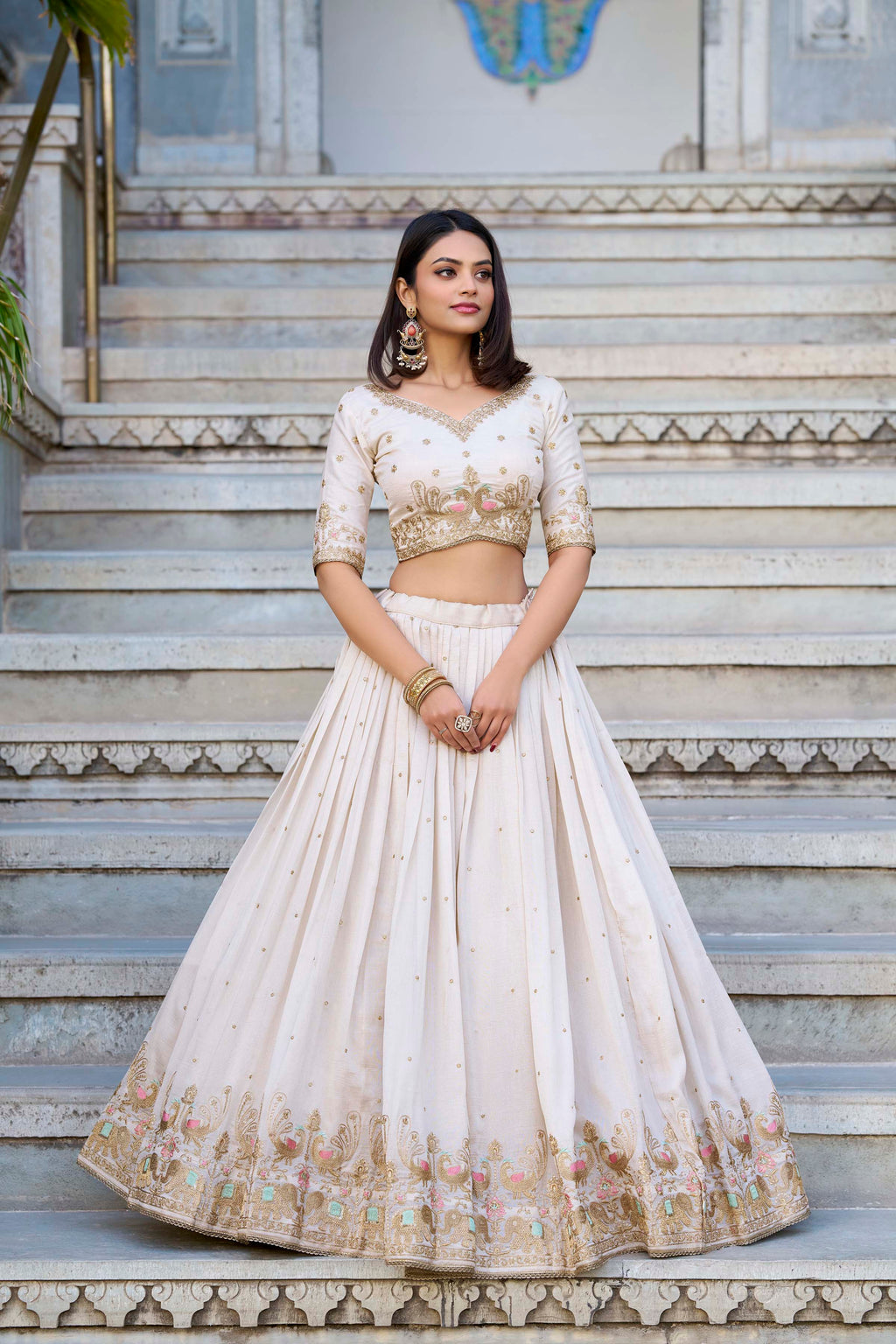 Regal Ivory and Crimson Red Embroidered Lehenga Choli