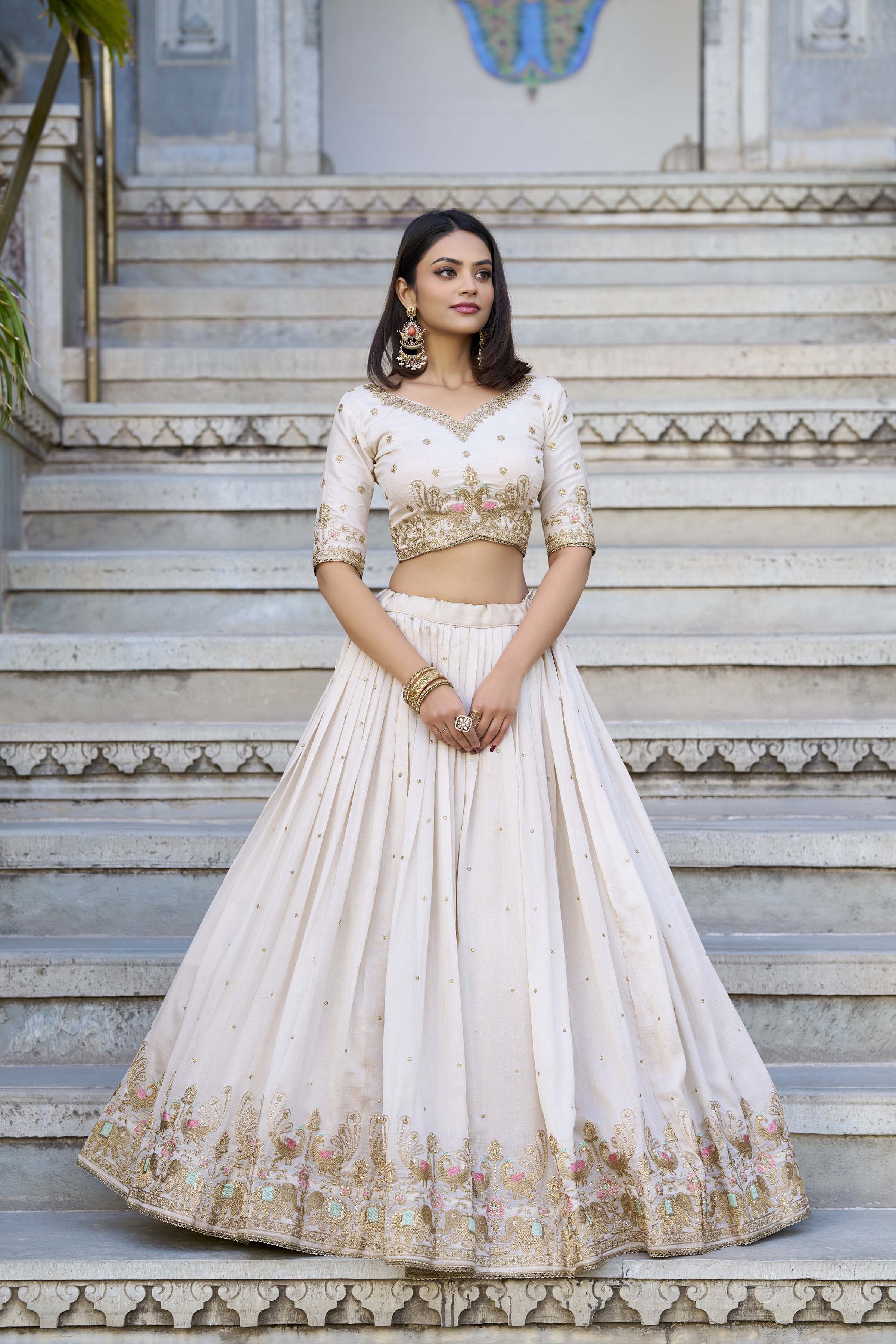 Regal Ivory and Crimson Red Embroidered Lehenga Choli