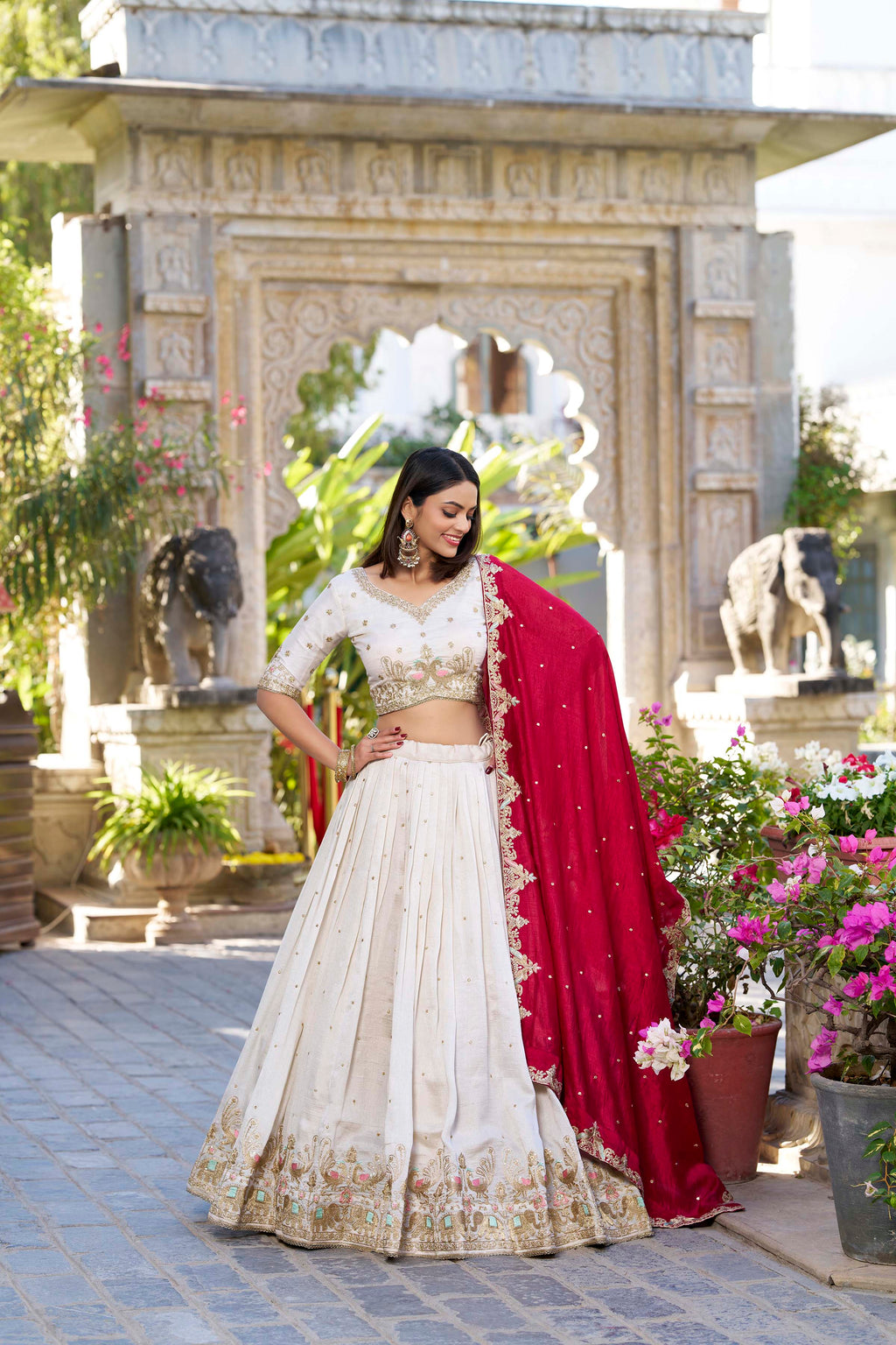Regal Ivory and Crimson Red Embroidered Lehenga Choli