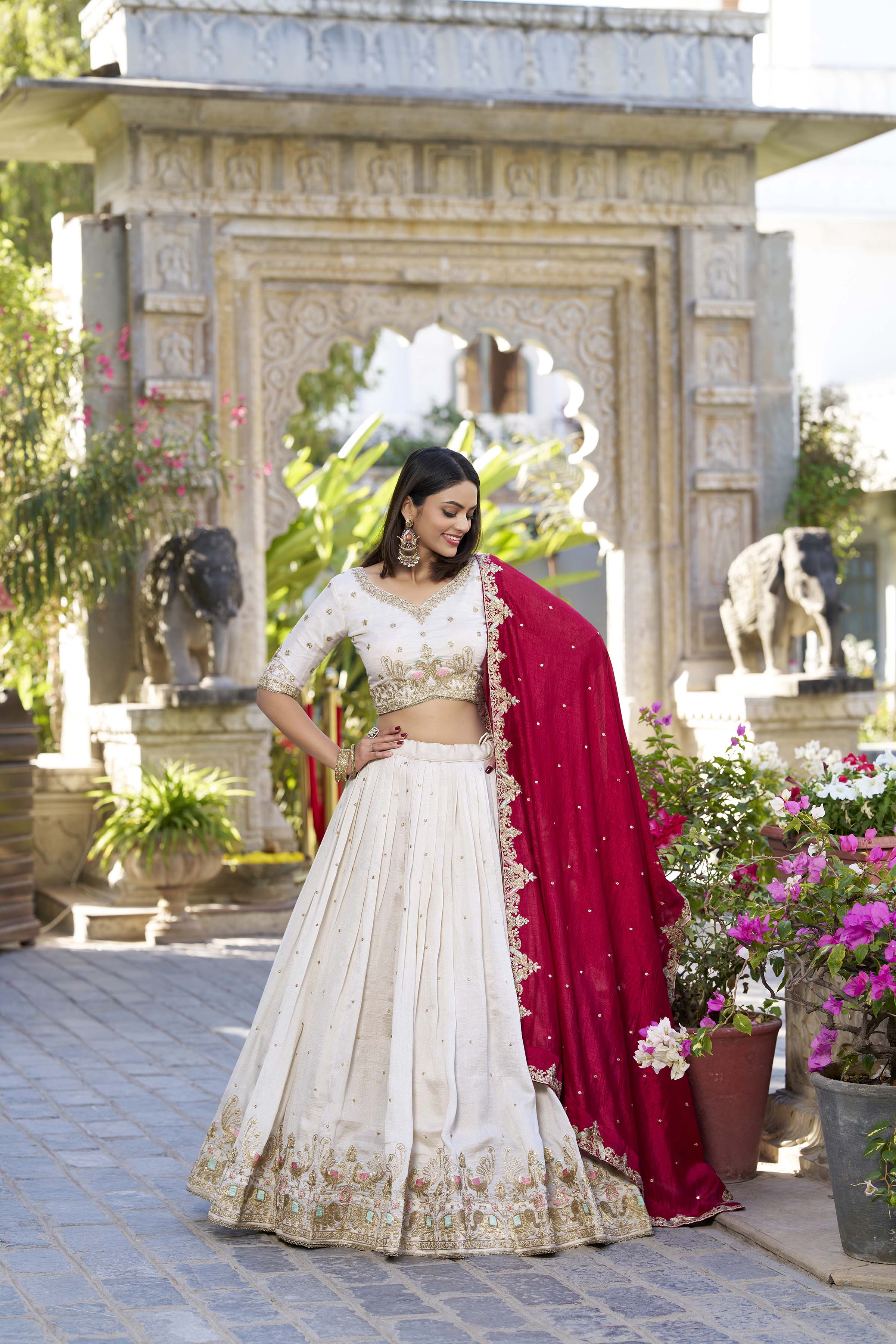 Regal Ivory and Crimson Red Embroidered Lehenga Choli