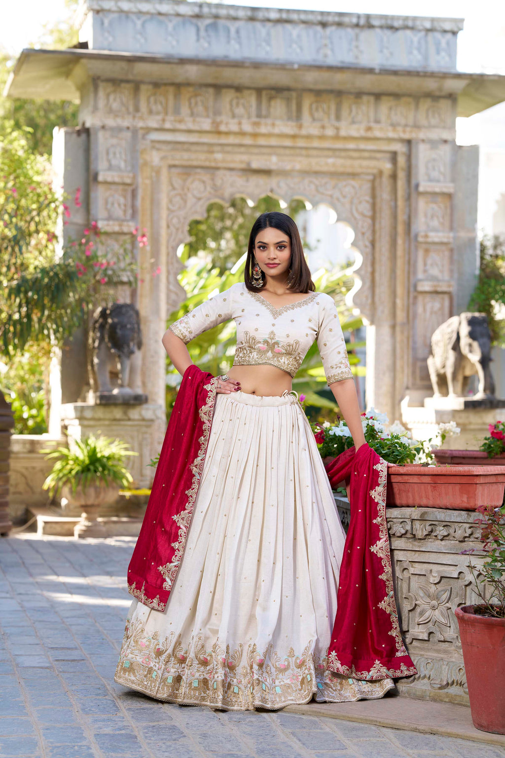Regal Ivory and Crimson Red Embroidered Lehenga Choli