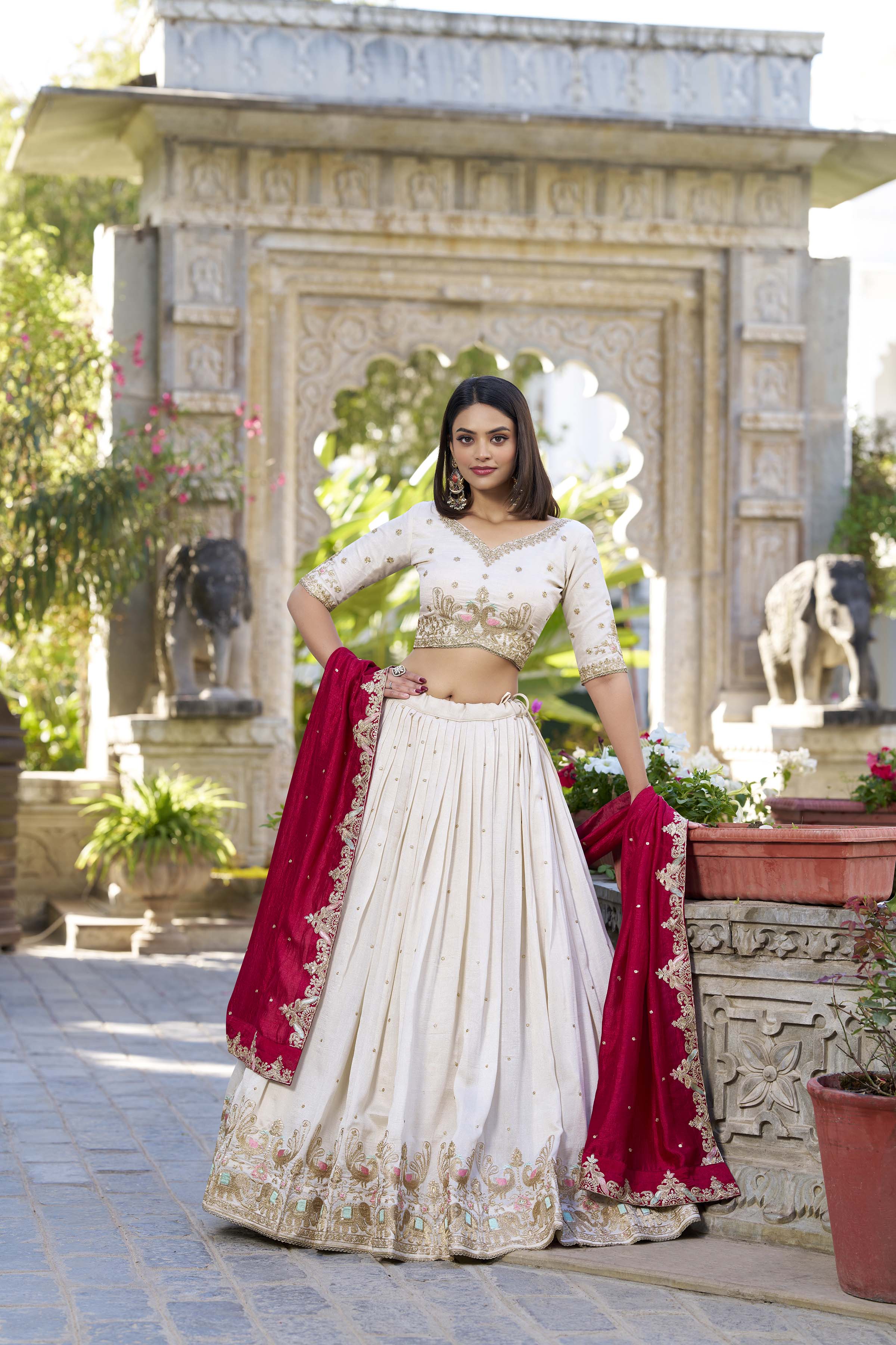 Regal Ivory and Crimson Red Embroidered Lehenga Choli