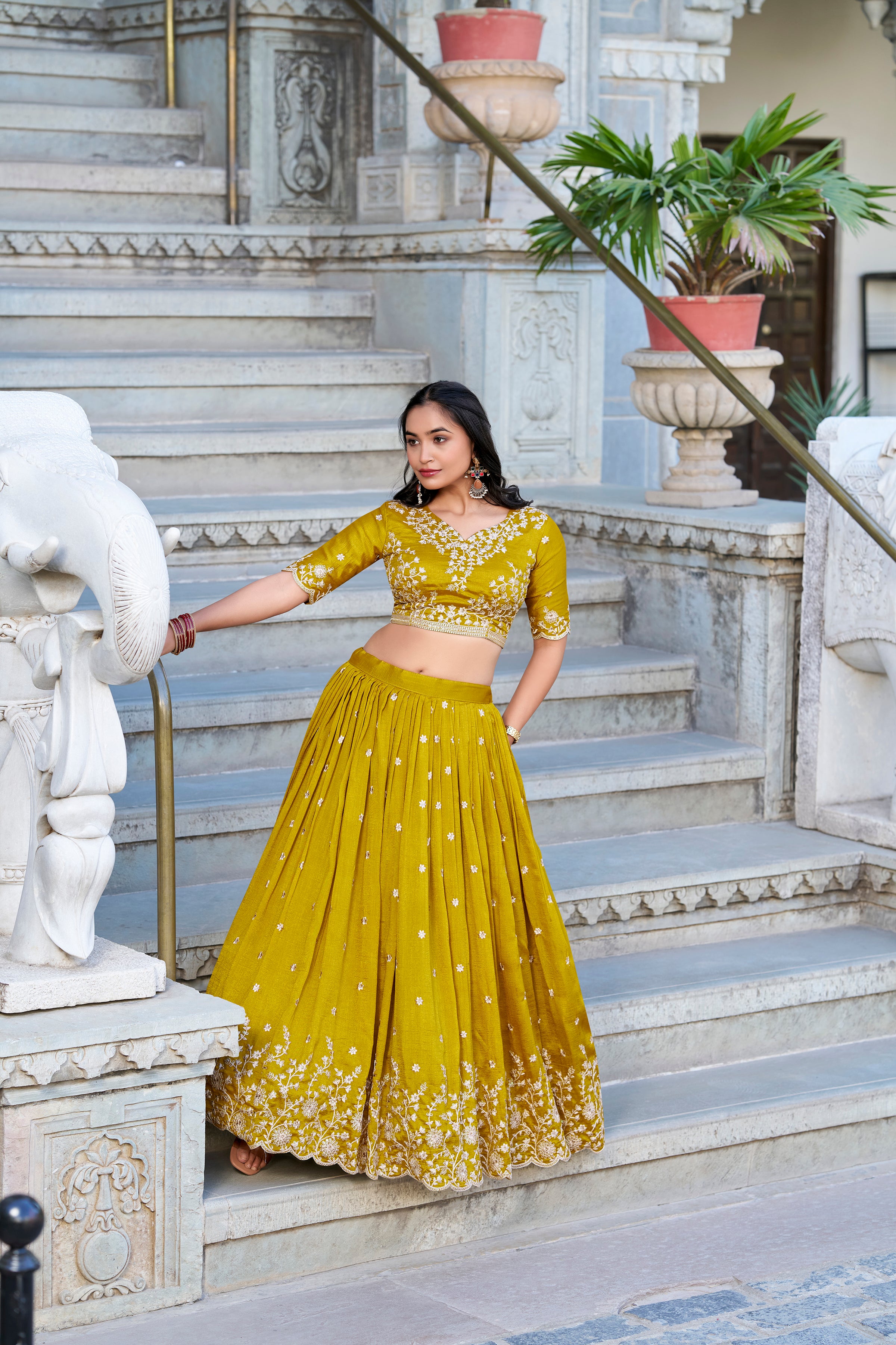 Sun-kissed sophistication in an exquisite mustard yellow lehenga.