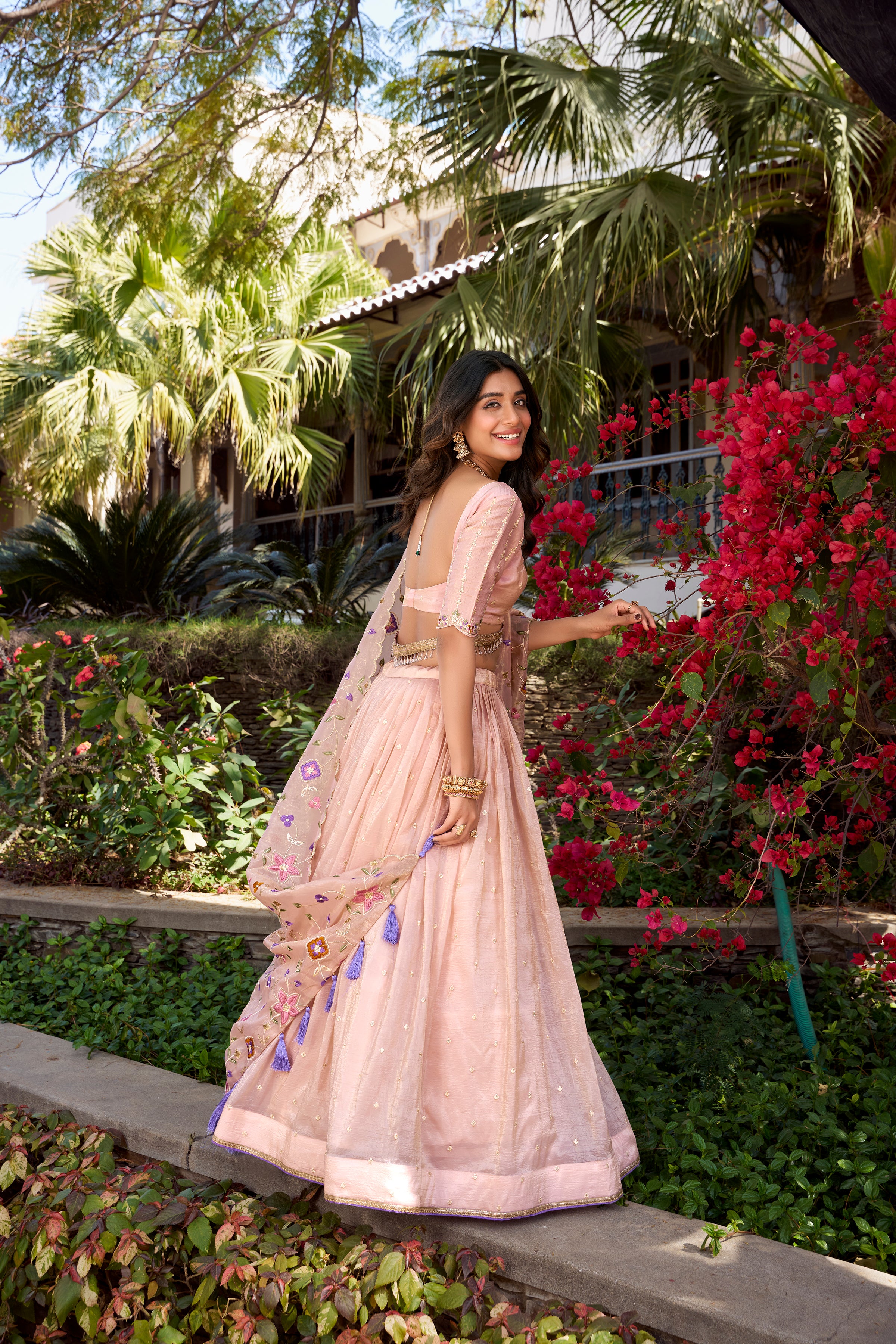 Ethereal Blush Pink Lehenga with a Floral Embroidered Organza Dupatta