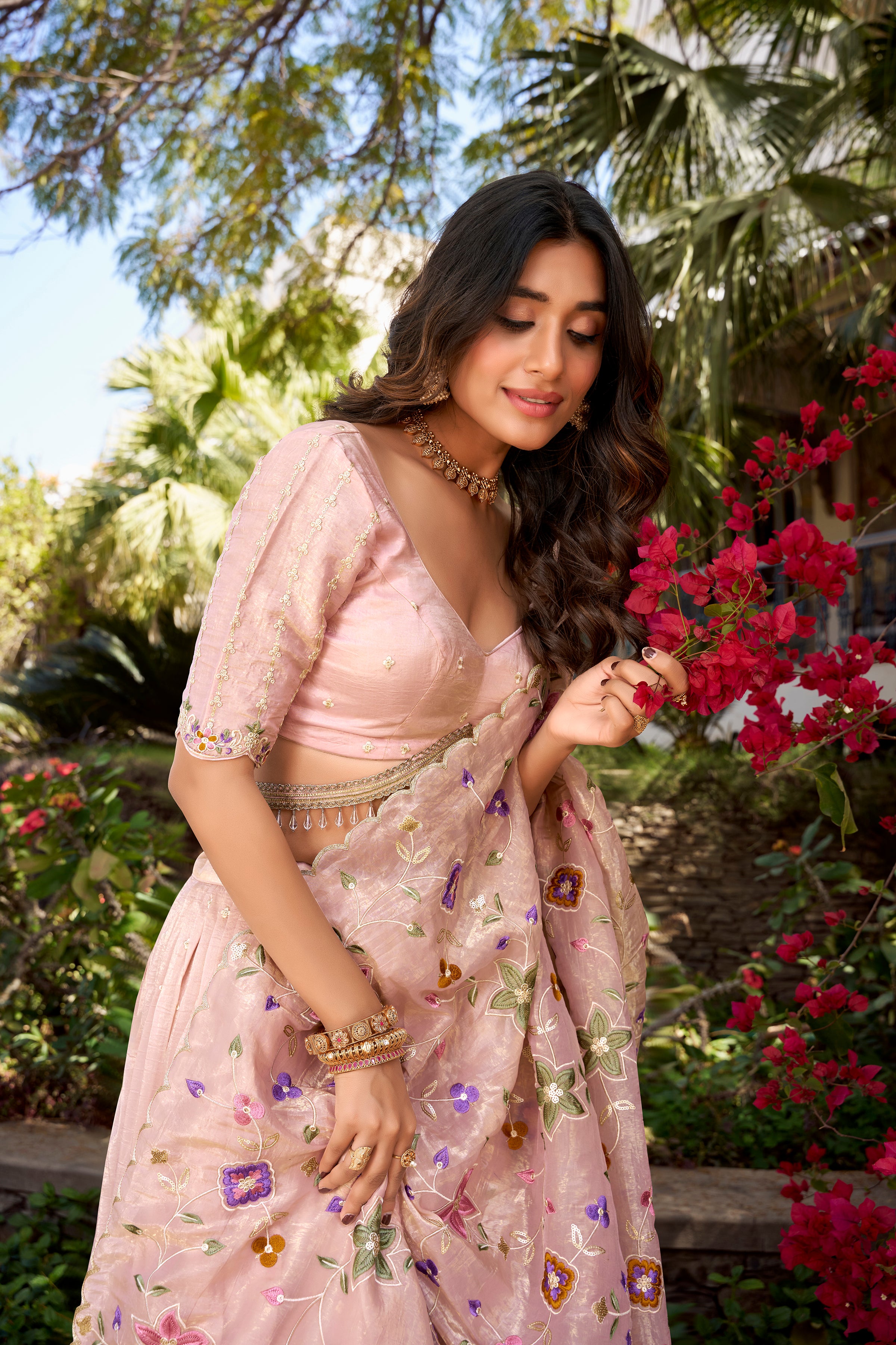 Ethereal Blush Pink Lehenga with a Floral Embroidered Organza Dupatta