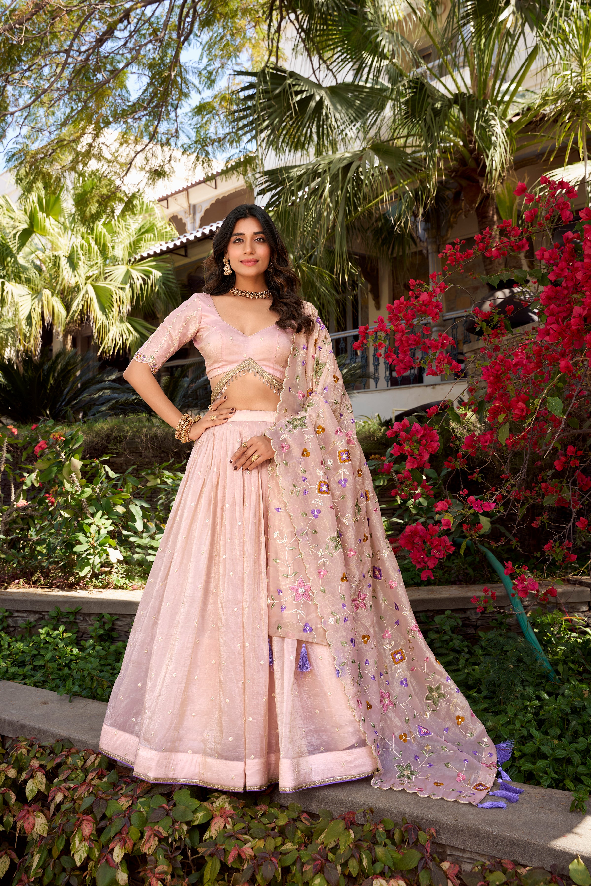 Ethereal Blush Pink Lehenga with a Floral Embroidered Organza Dupatta