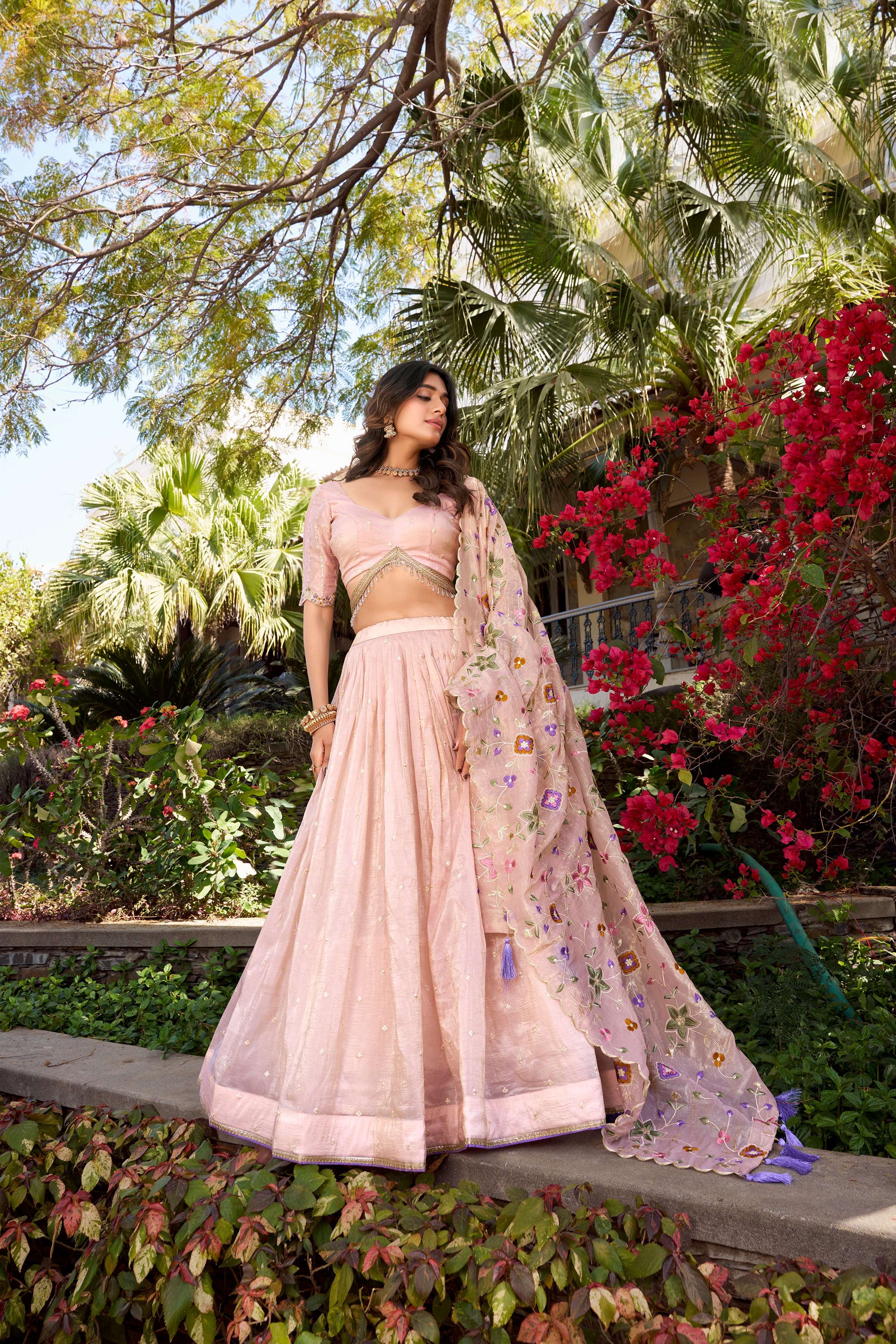 Ethereal Blush Pink Lehenga with a Floral Embroidered Organza Dupatta