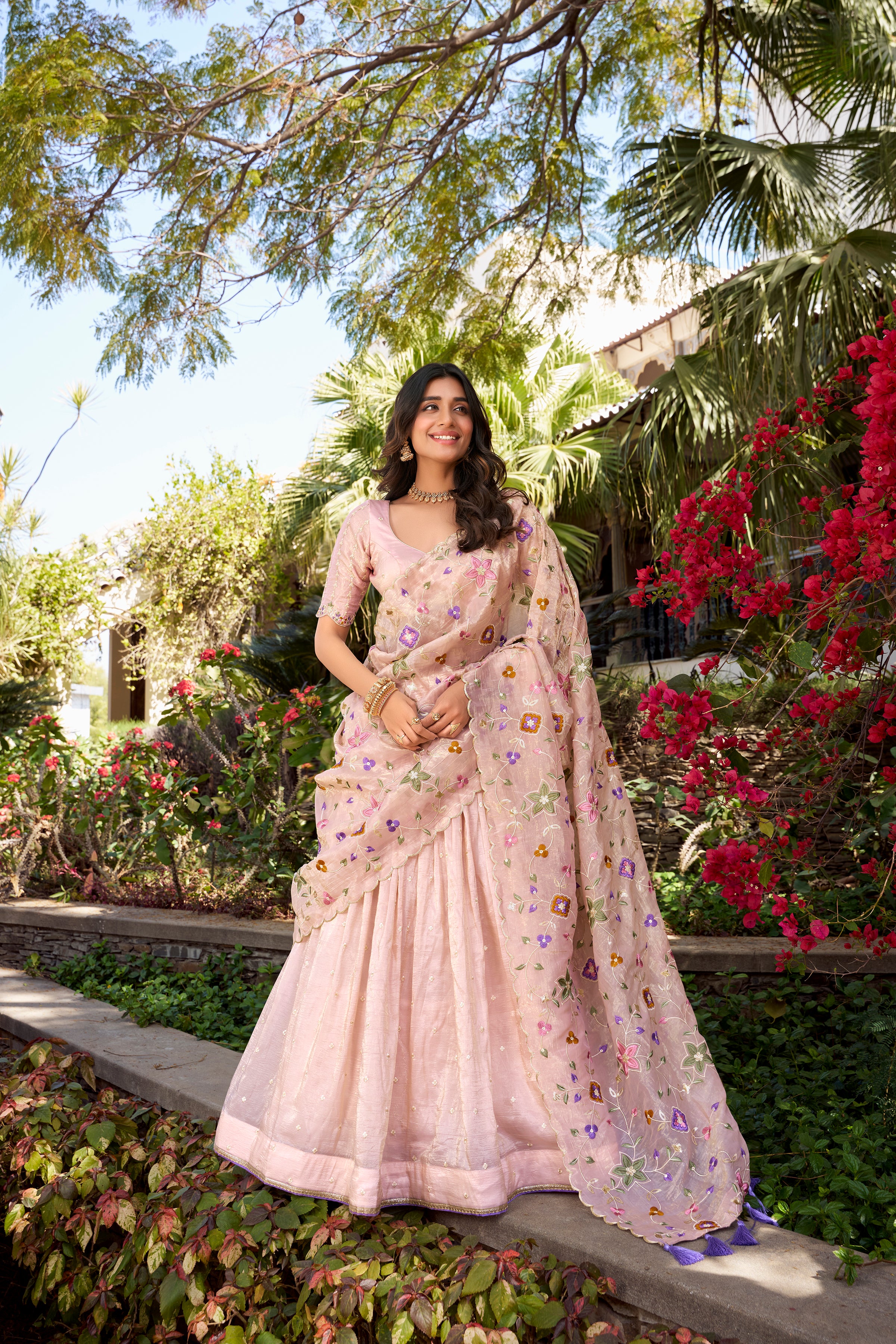 Ethereal Blush Pink Lehenga with a Floral Embroidered Organza Dupatta