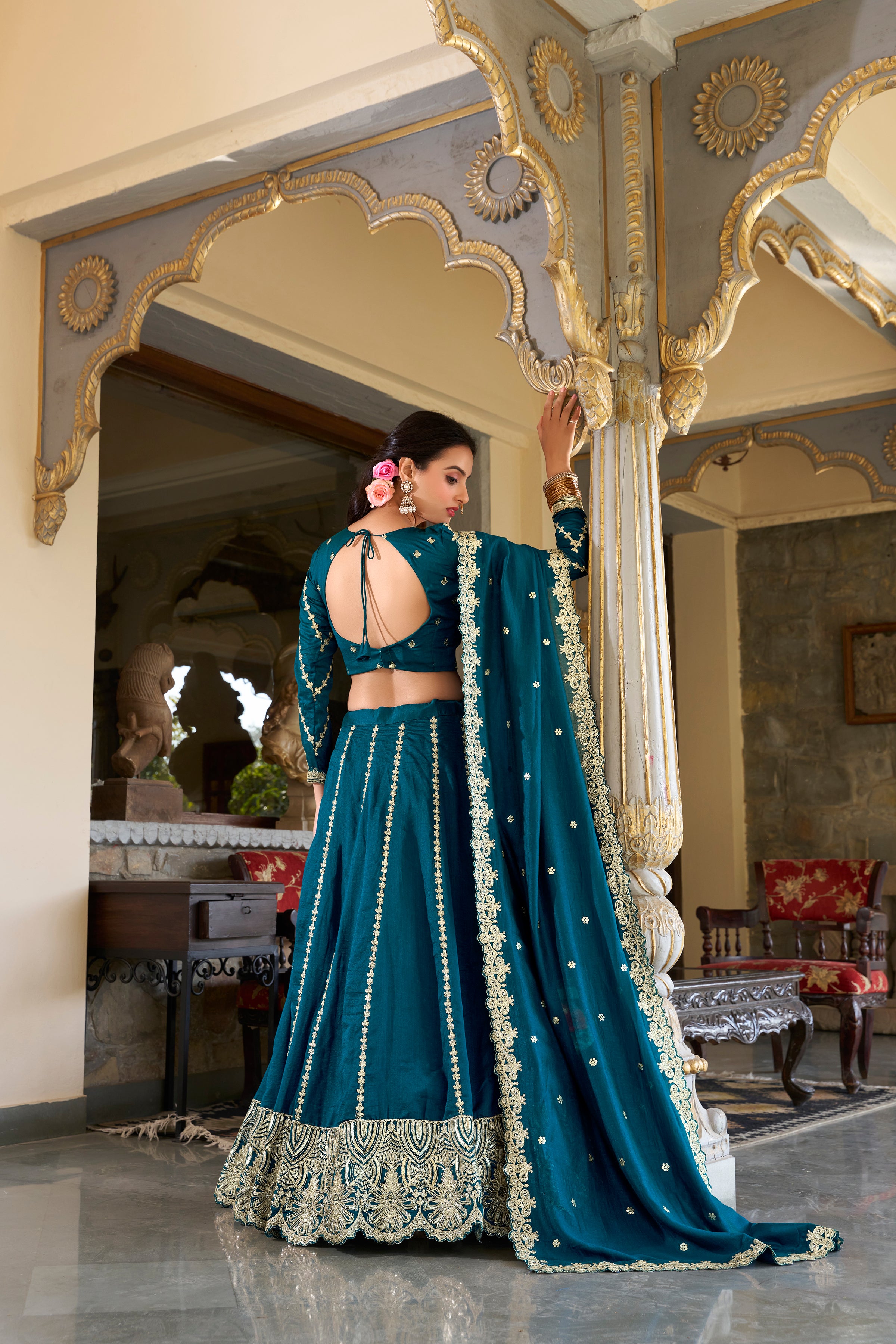 Royal Teal Blue Lehenga Choli with Golden Zari Work