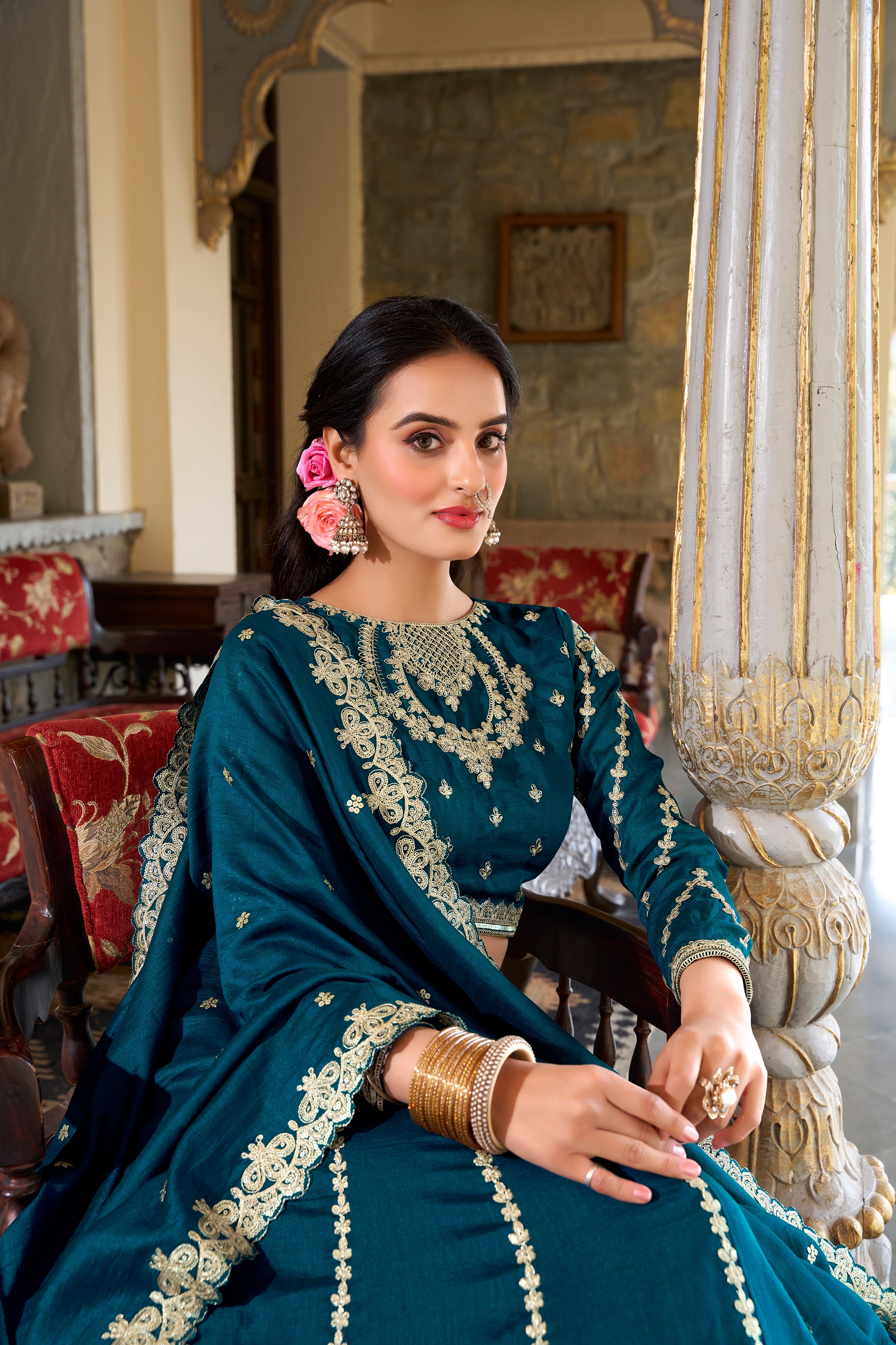 Royal Teal Blue Lehenga Choli with Golden Zari Work