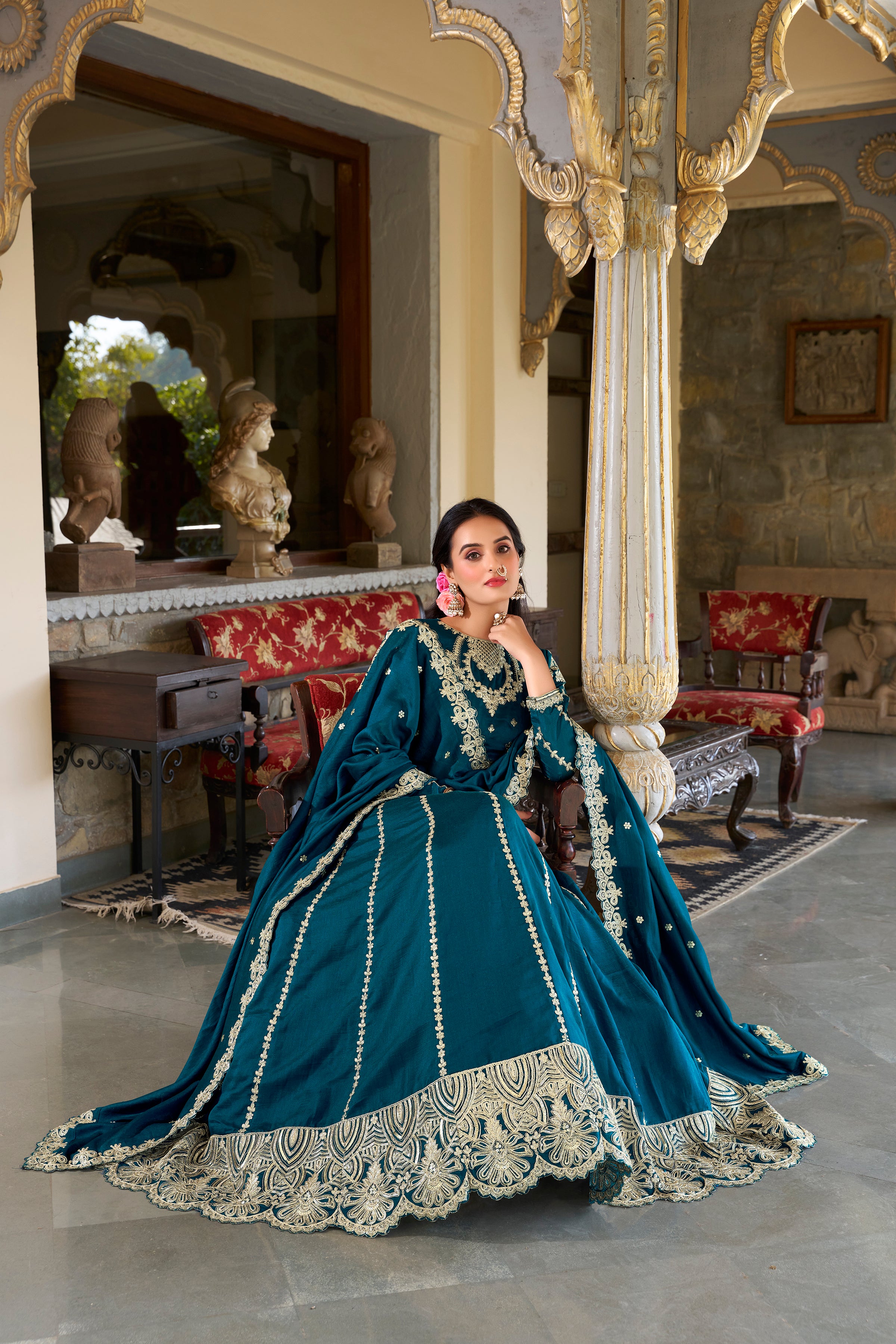 Royal Teal Blue Lehenga Choli with Golden Zari Work