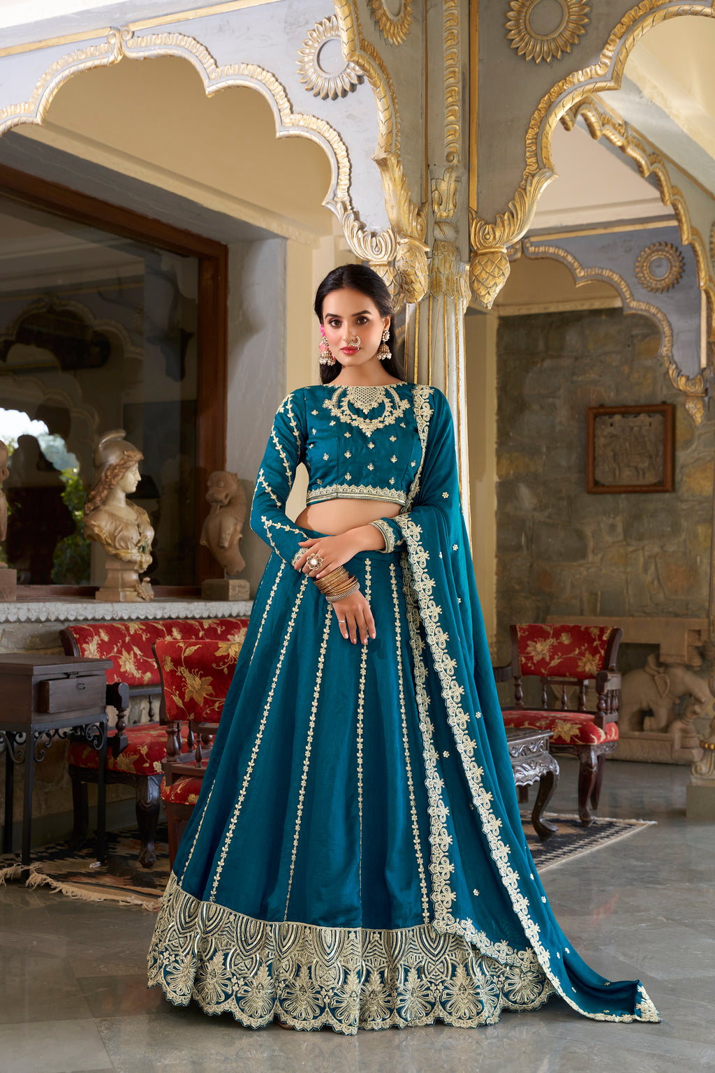 Royal Teal Blue Lehenga Choli with Golden Zari Work