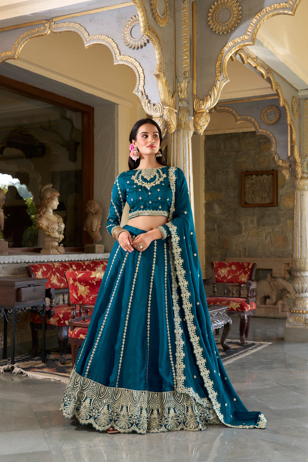 Royal Teal Blue Lehenga Choli with Golden Zari Work