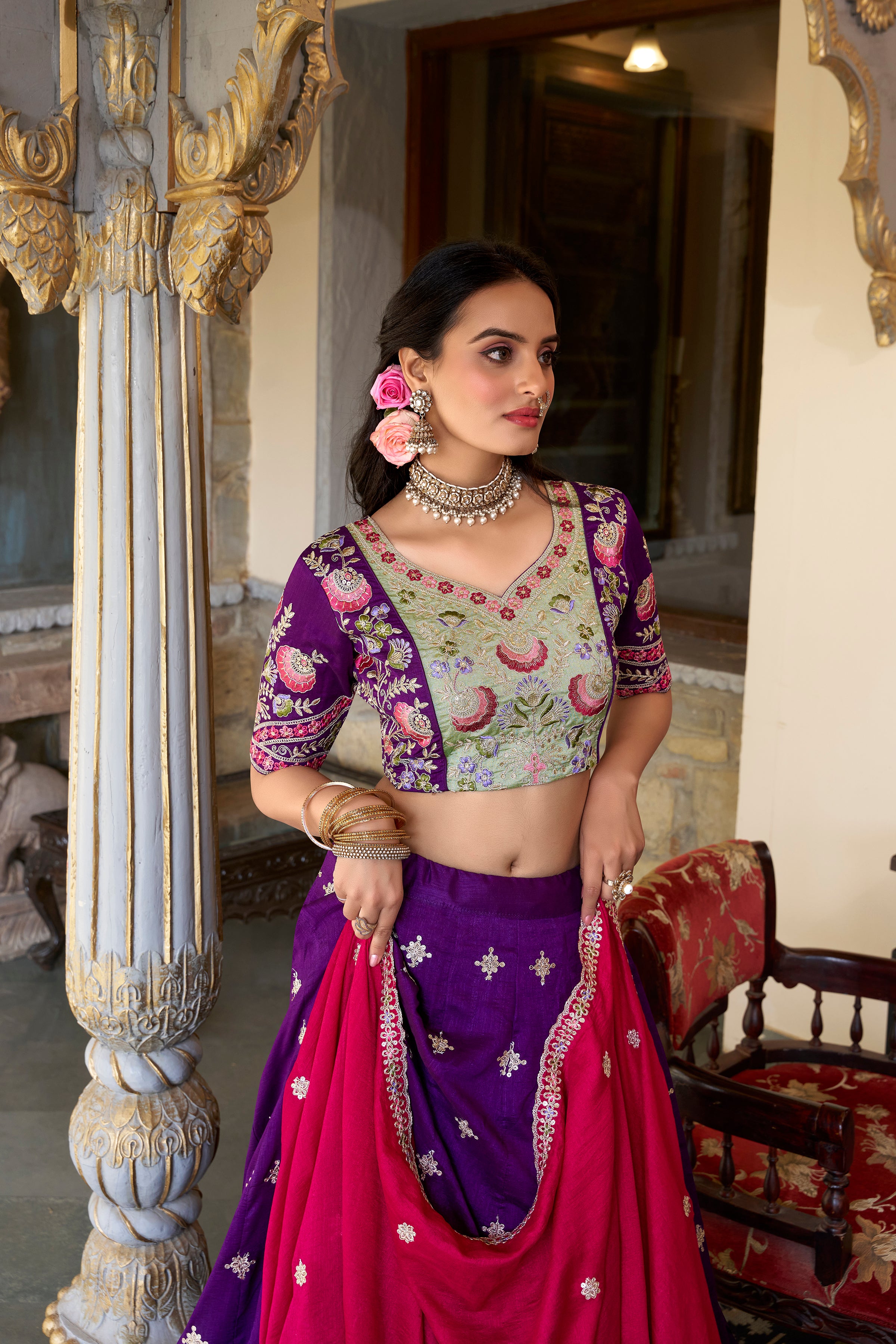 Regal Purple and Rani Pink Bridal Lehenga Choli with Heavy Embroidery