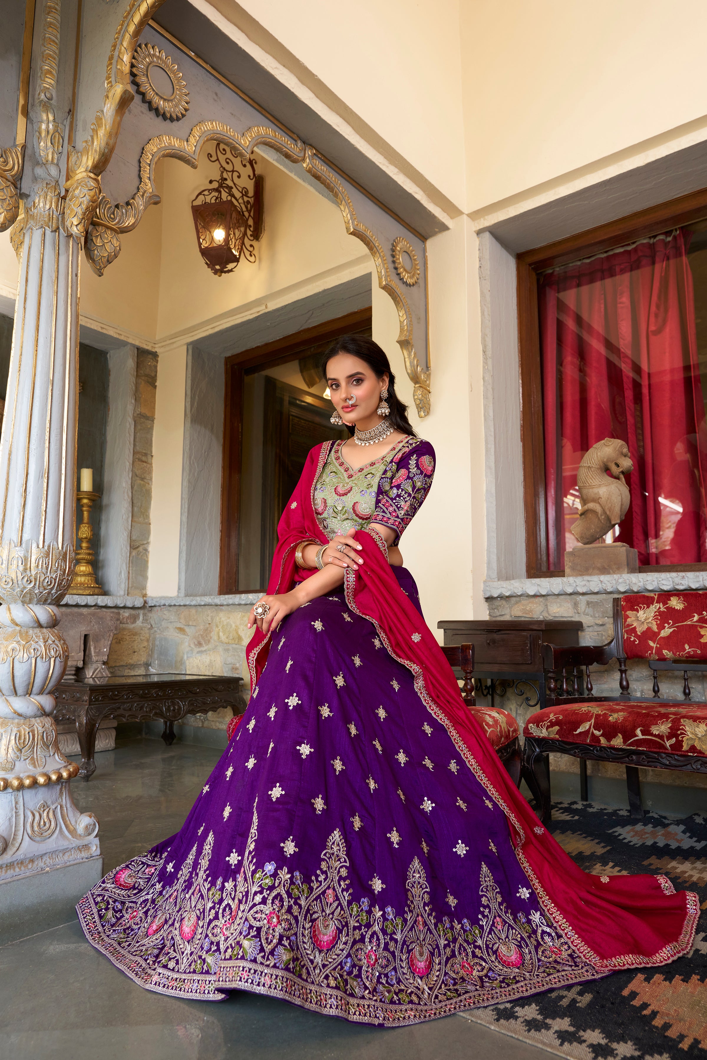 Regal Purple and Rani Pink Bridal Lehenga Choli with Heavy Embroidery