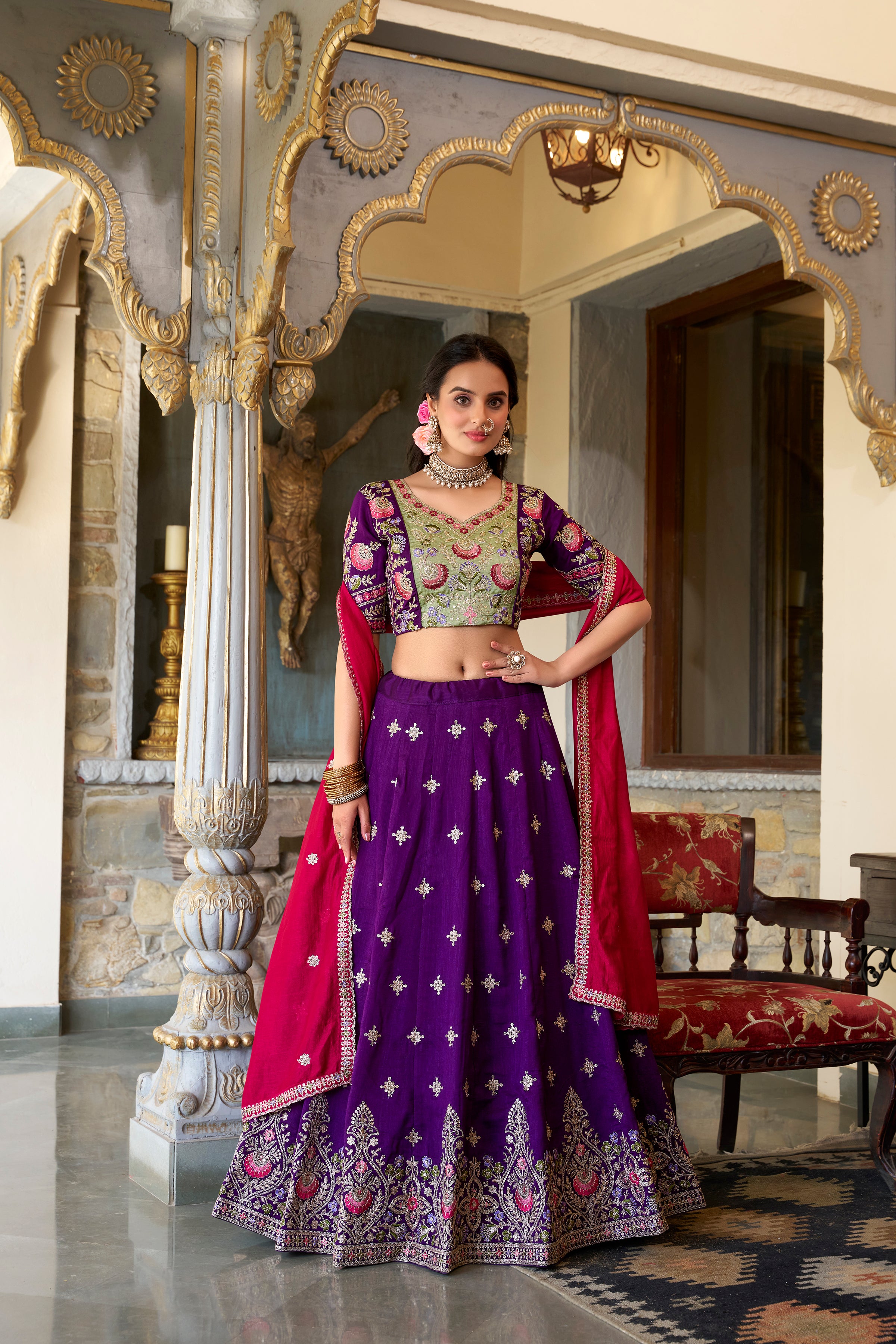 Regal Purple and Rani Pink Bridal Lehenga Choli with Heavy Embroidery
