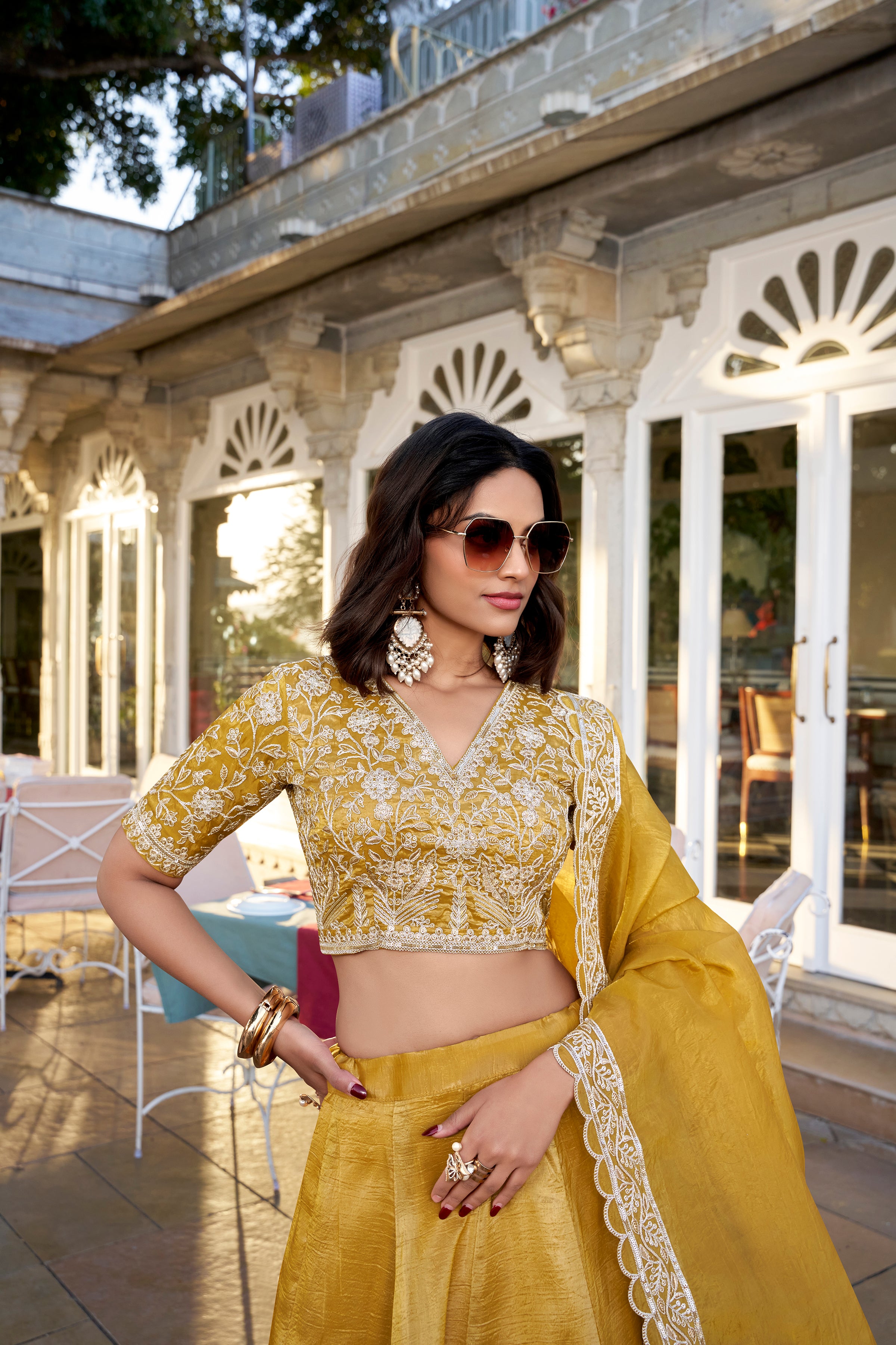 Radiant Mustard Yellow Lehenga Choli with Thread Work Embroidery