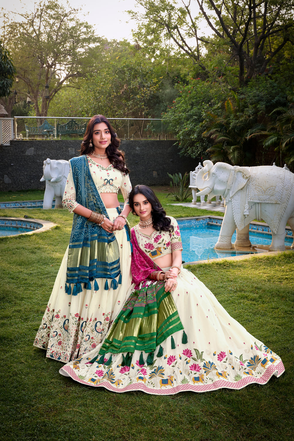 A vision of grace in an ivory lehenga adorned with peacock motifs.