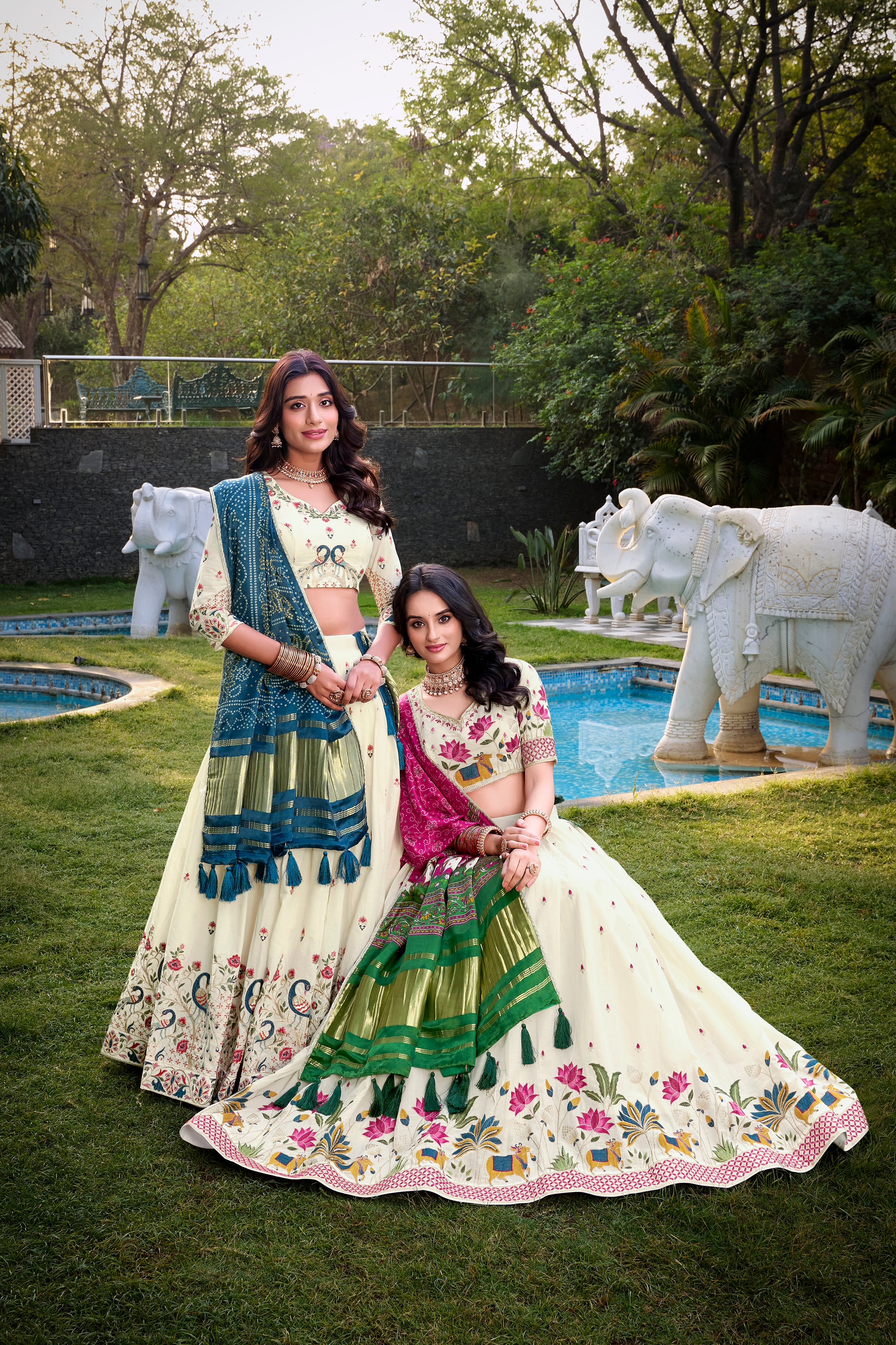 A vision of grace in an ivory lehenga adorned with peacock motifs.