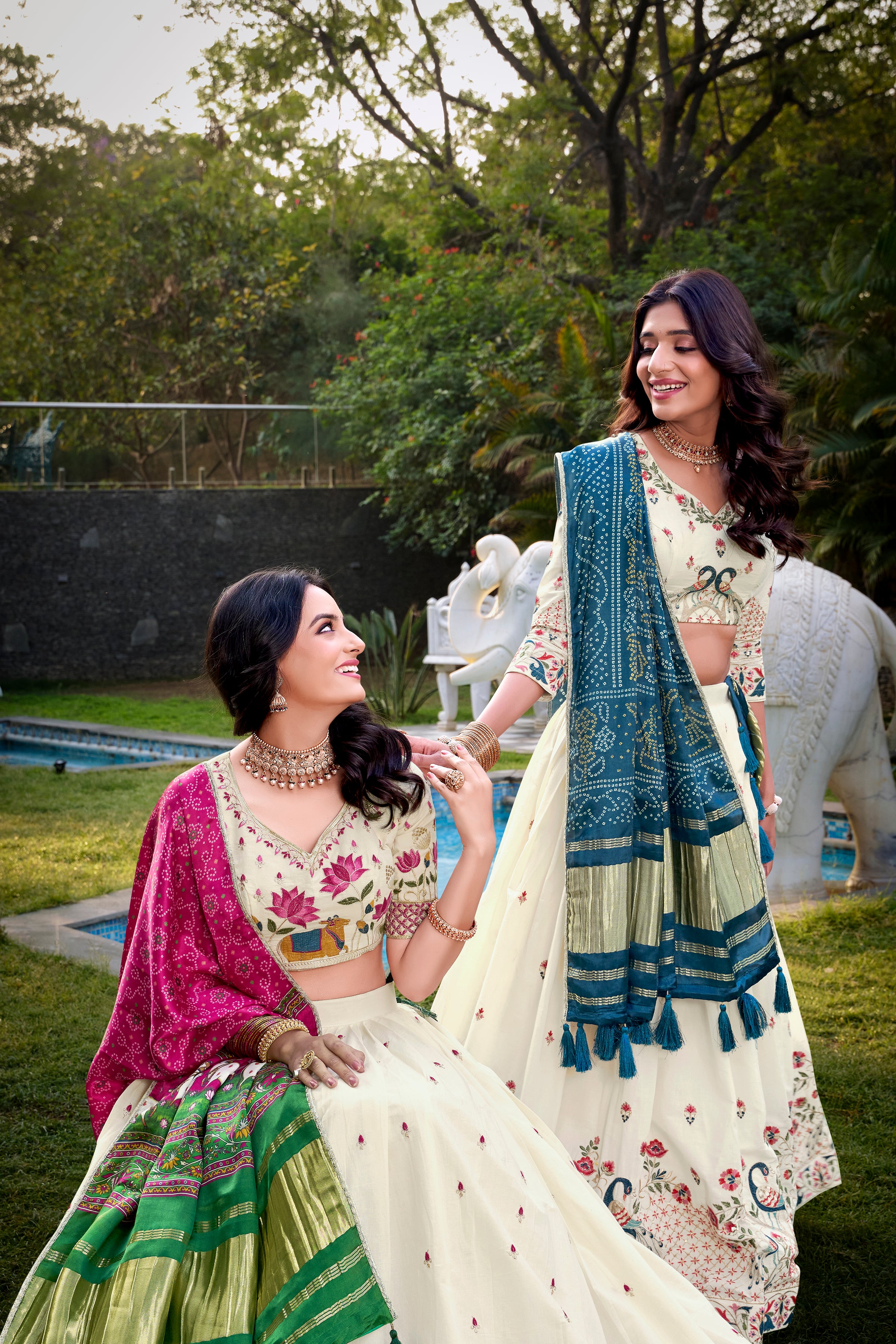 A vision of grace in an ivory lehenga adorned with peacock motifs.