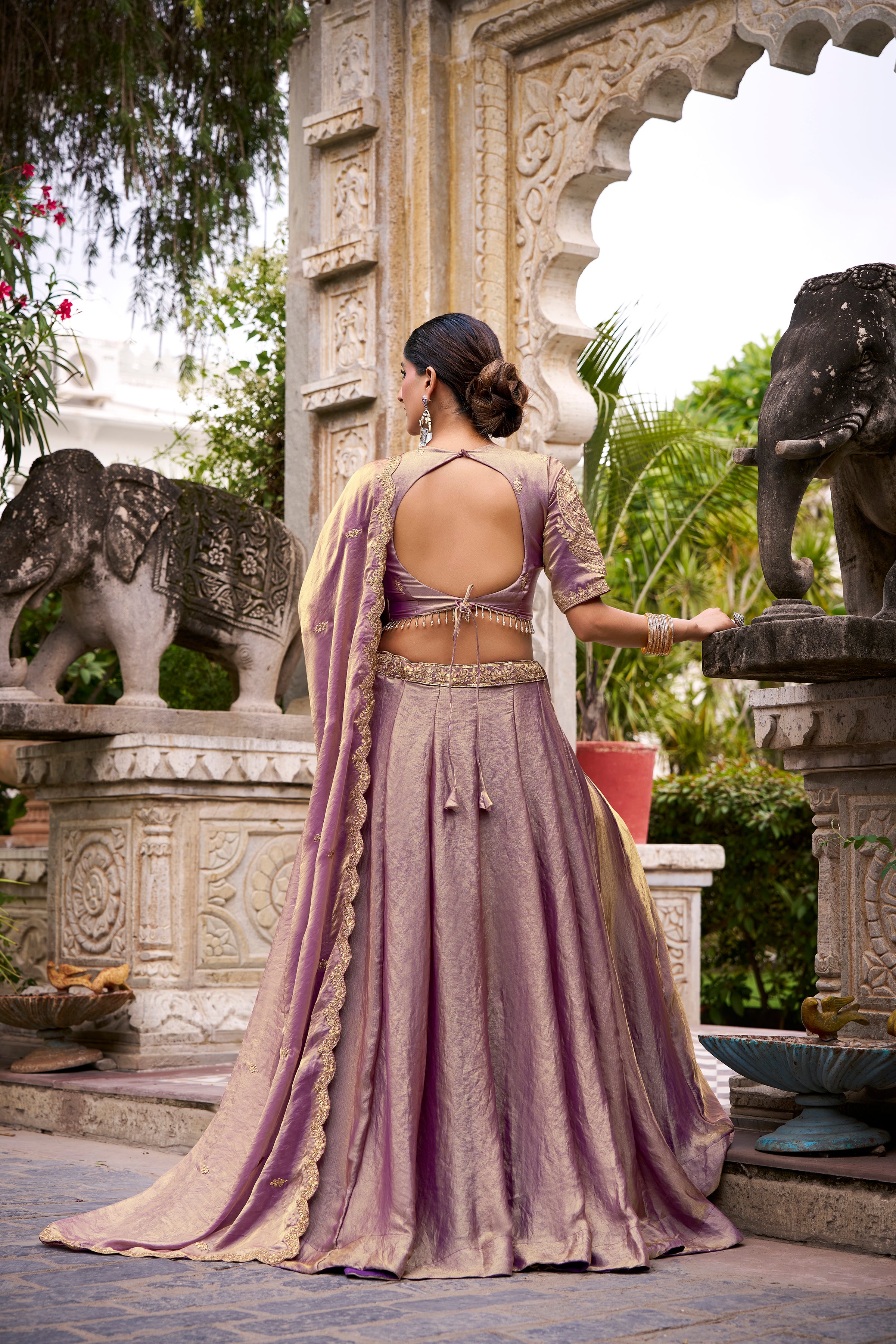 Designer Rose Gold Lehenga in Crushed Shimmer Fabric with an Embroidered