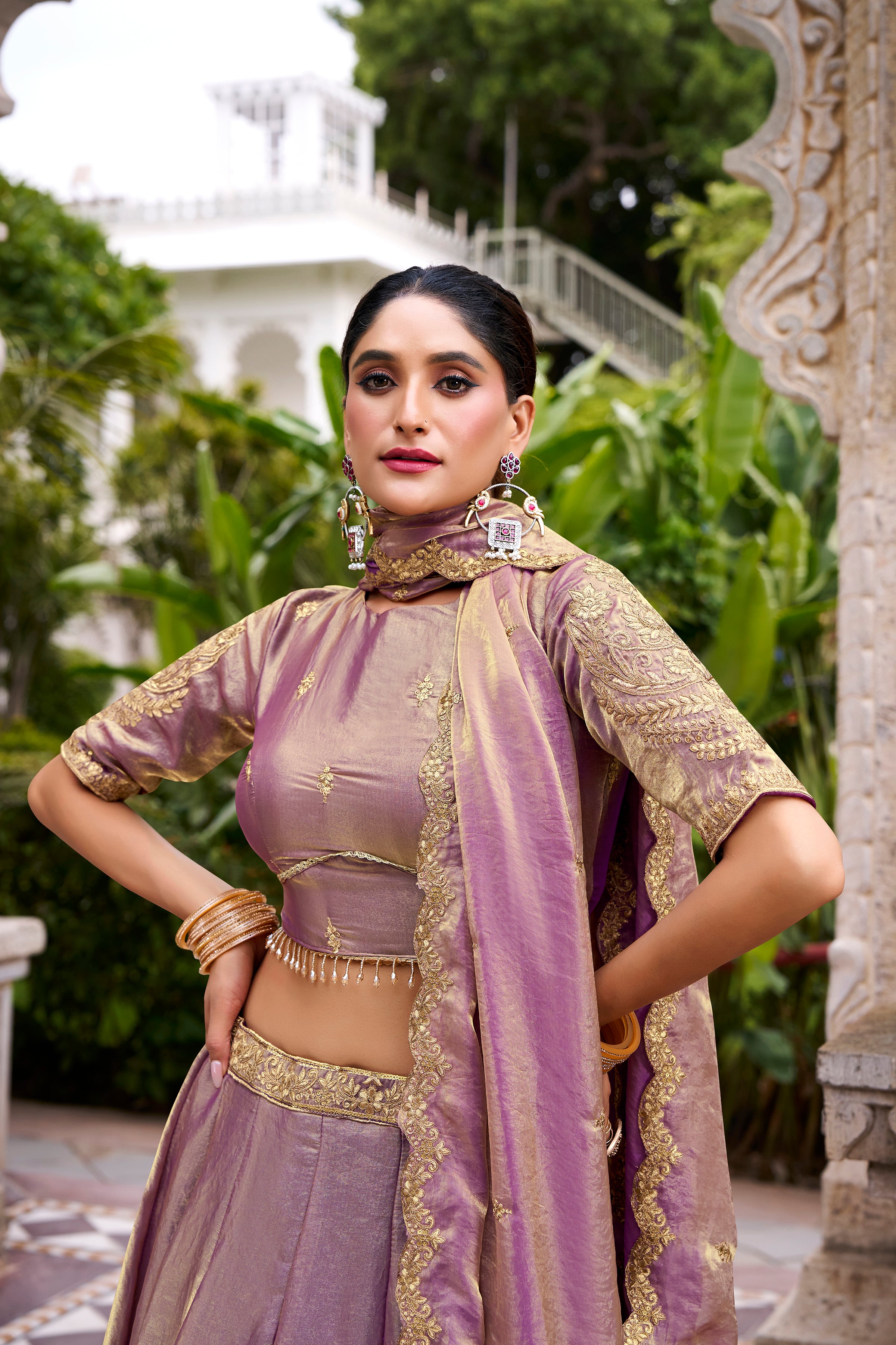 Designer Rose Gold Lehenga in Crushed Shimmer Fabric with an Embroidered