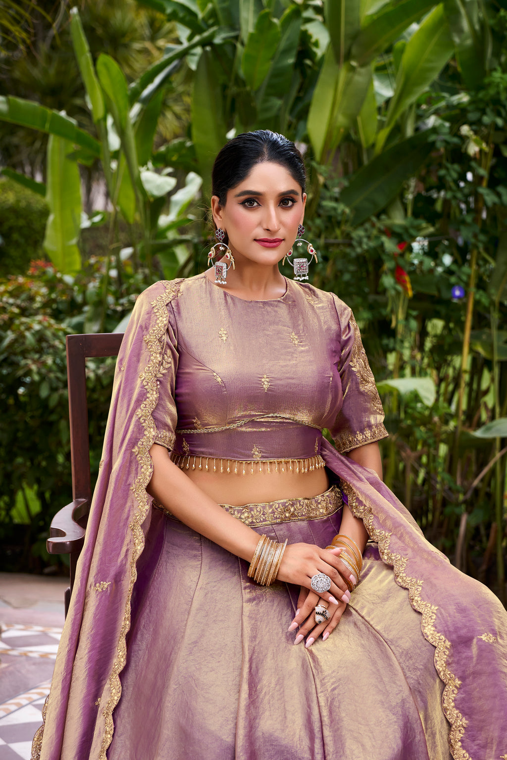 Designer Rose Gold Lehenga in Crushed Shimmer Fabric with an Embroidered