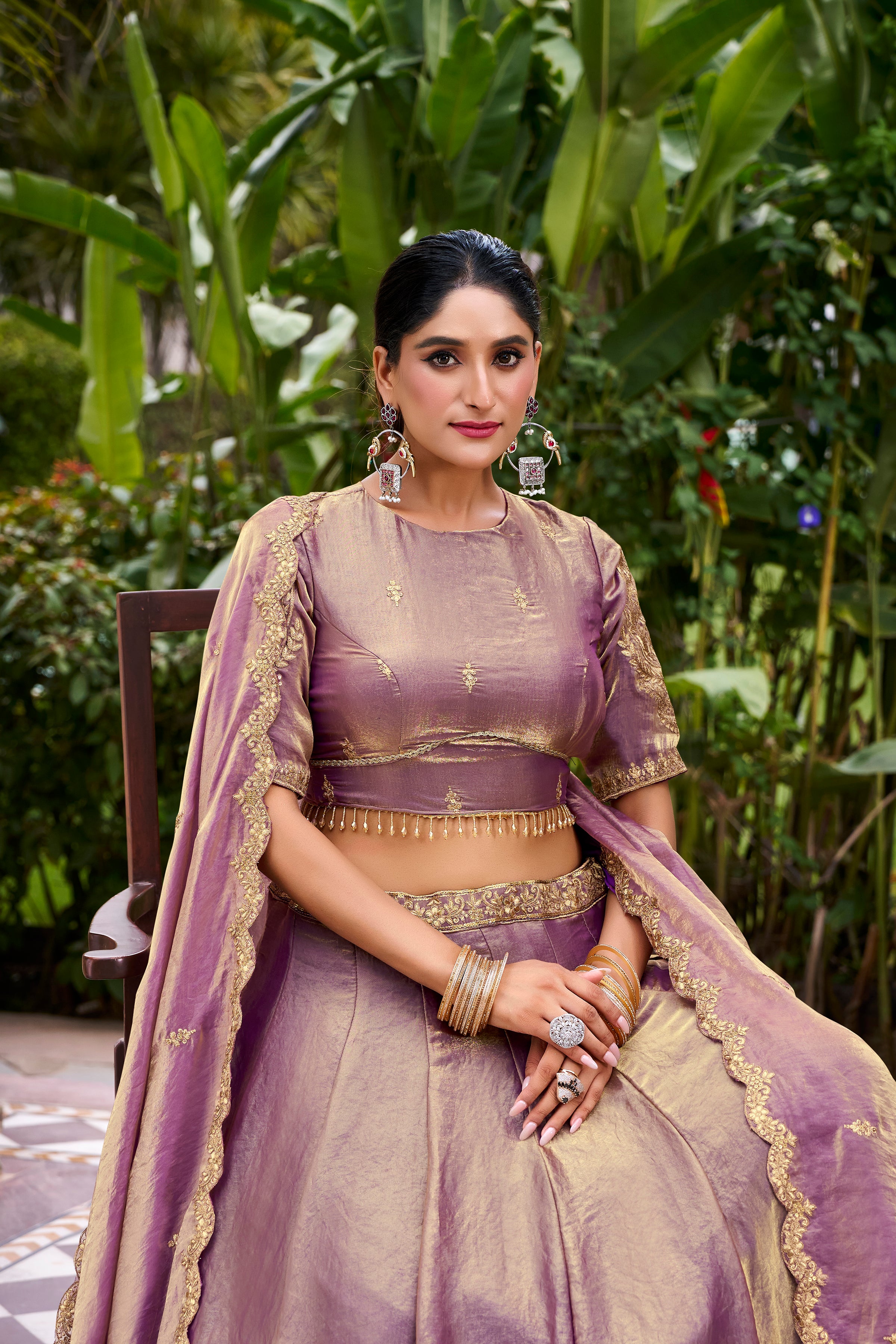 Designer Rose Gold Lehenga in Crushed Shimmer Fabric with an Embroidered