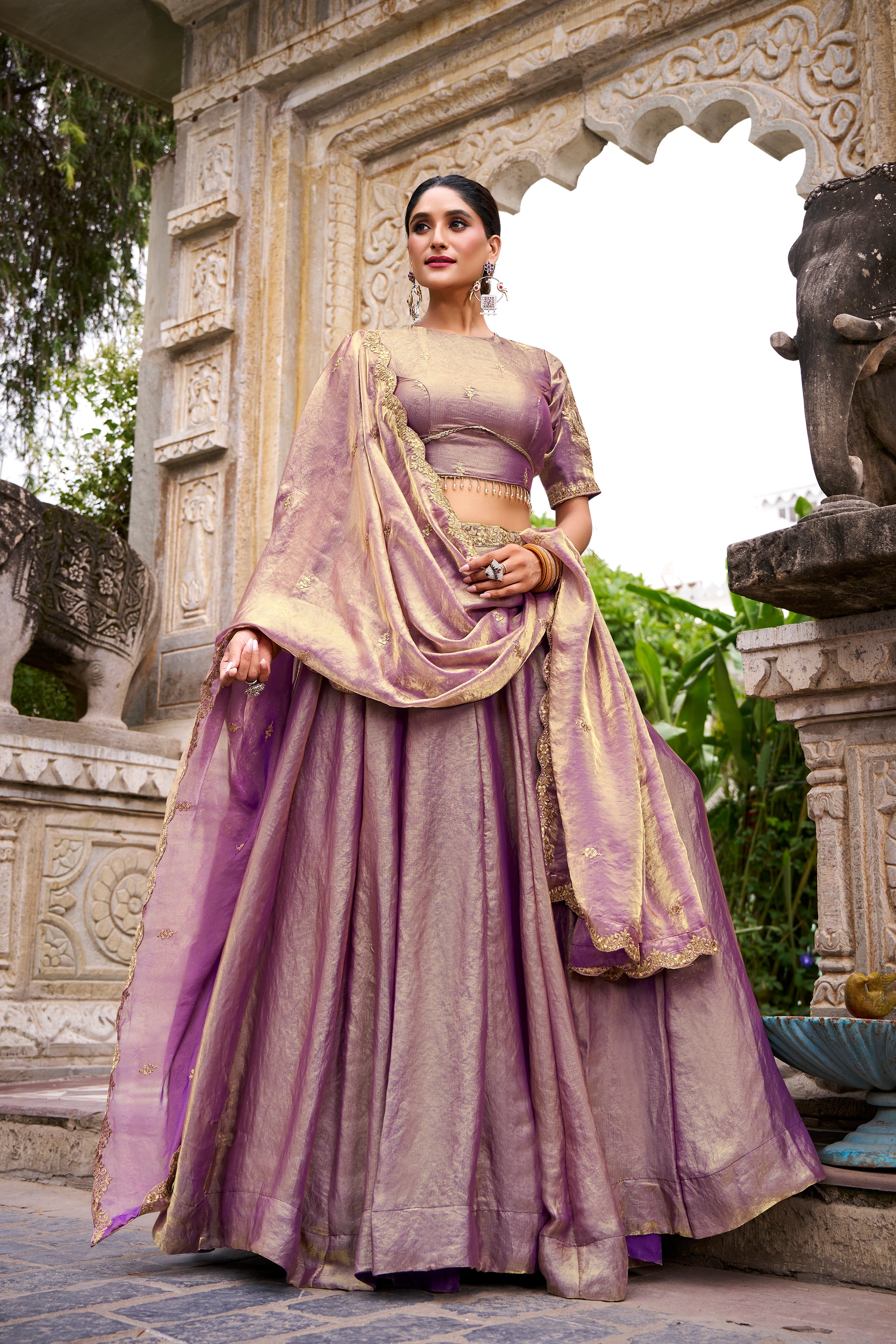 Designer Rose Gold Lehenga in Crushed Shimmer Fabric with an Embroidered